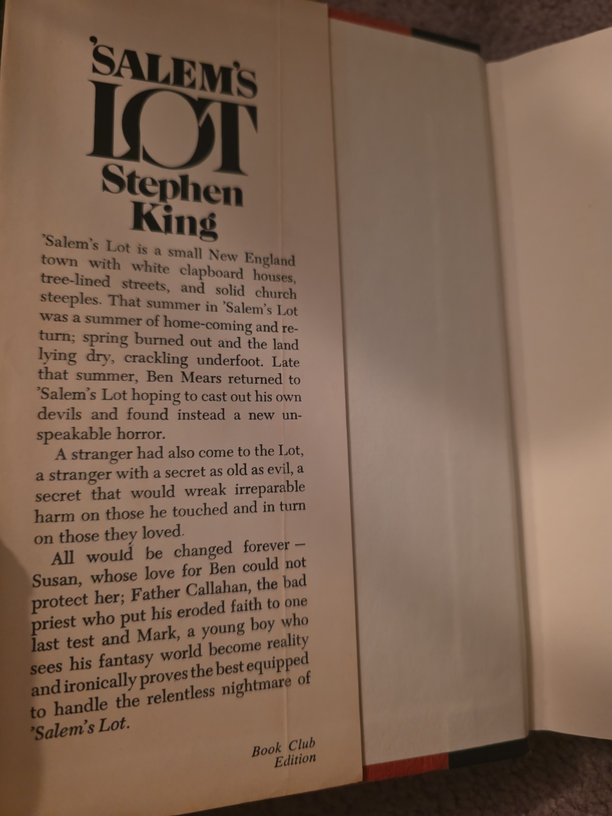 SALEM’S LOT HC BOOK CLUB EDITION Stephen King 1975