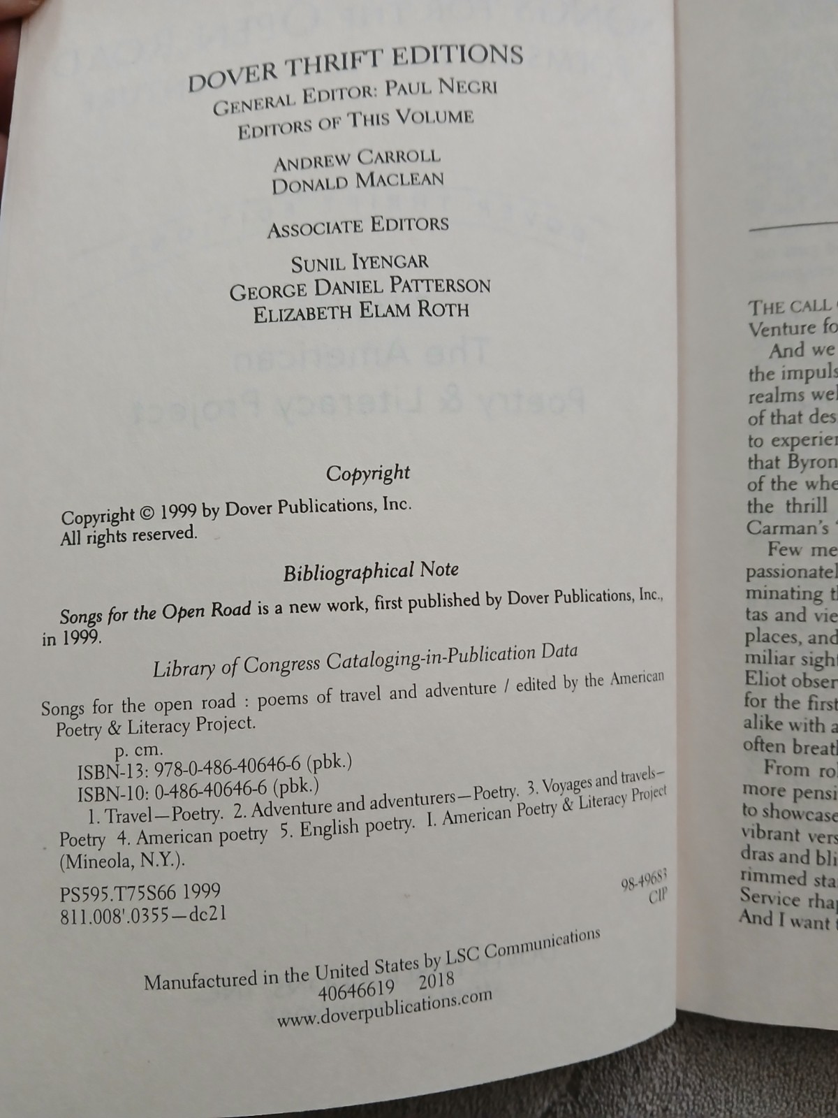 Songs for the Open Road (Dover Thrift Edition) Paul Negri 1999 VG Softcover