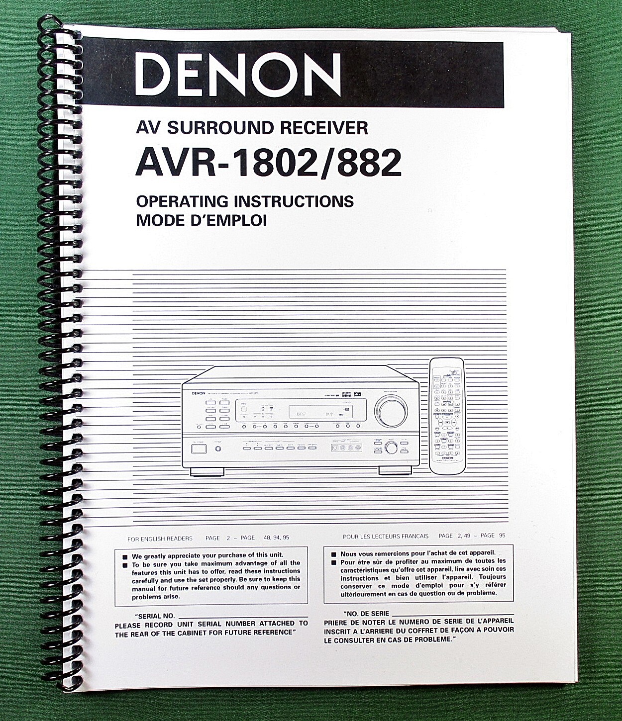 Denon AVR-1802 Instruction Manual: 48 Pages & Protective Covers!
