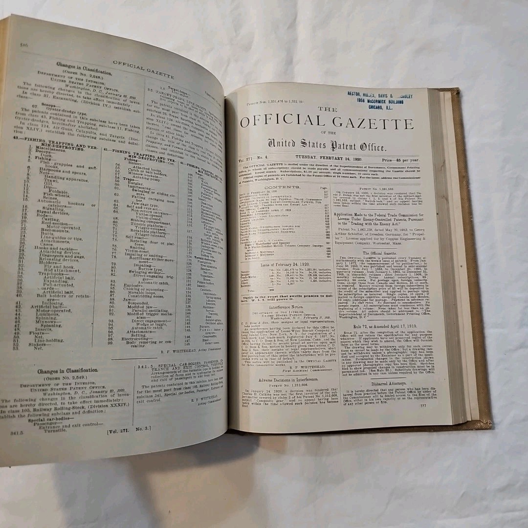 Antique Official Gazette of the United States Patent Office February 1920 Vo 271