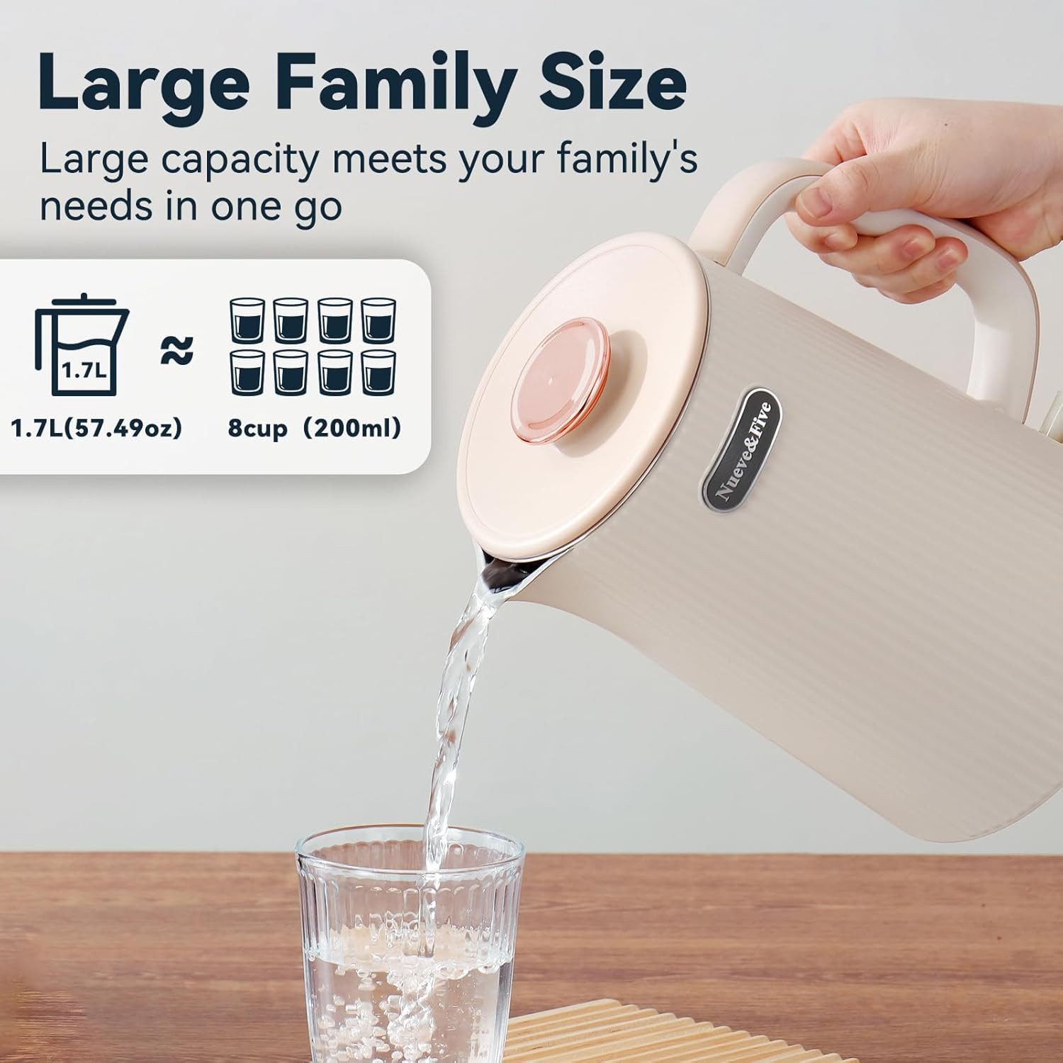 Nueve&Five 1.7L (57Oz) Large Electric Kettle Perfect for 7+Cups of Tea and Coffe