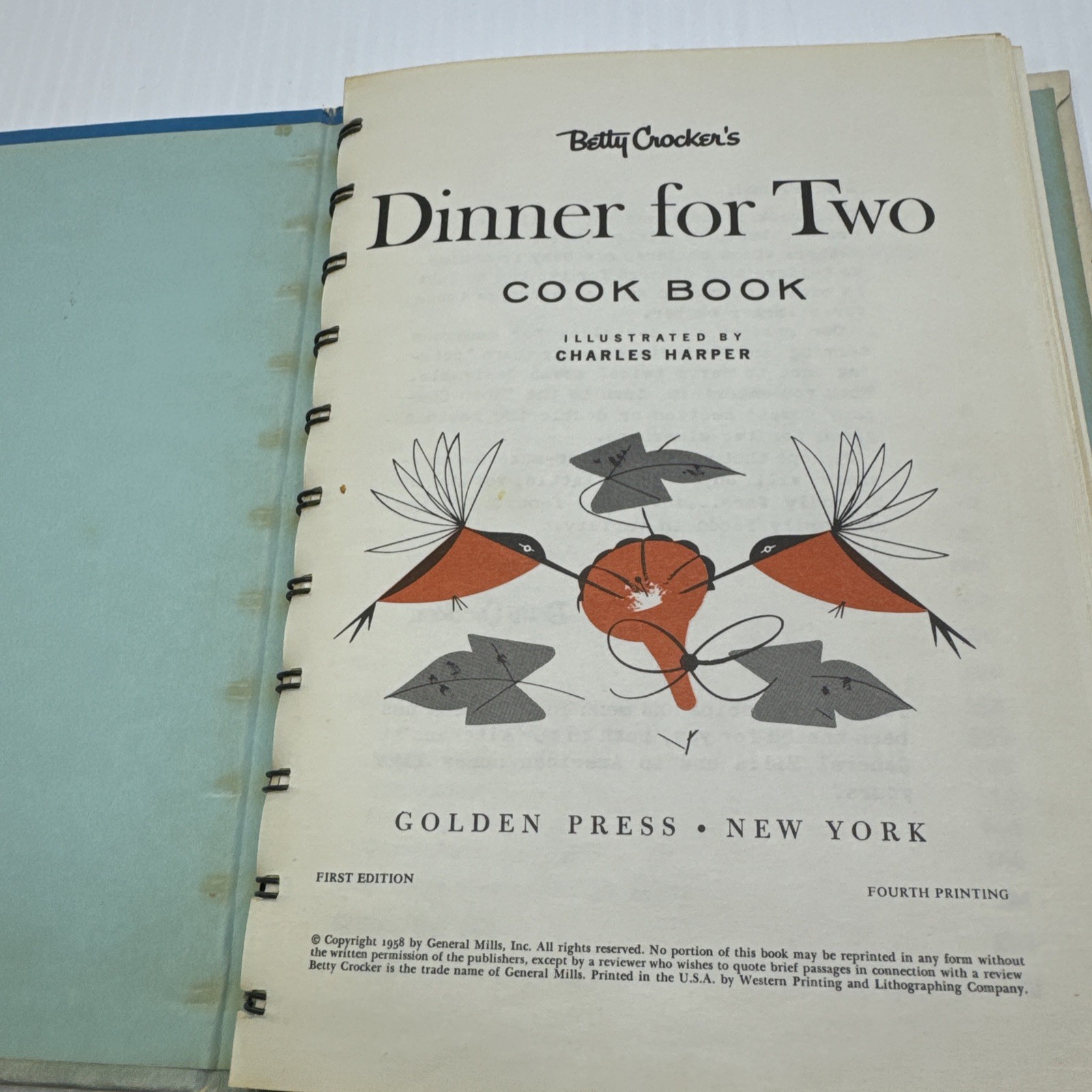 Betty Crocker’s Dinner for Two Cook Fourth Print First Edition 1958 Spiral Bound