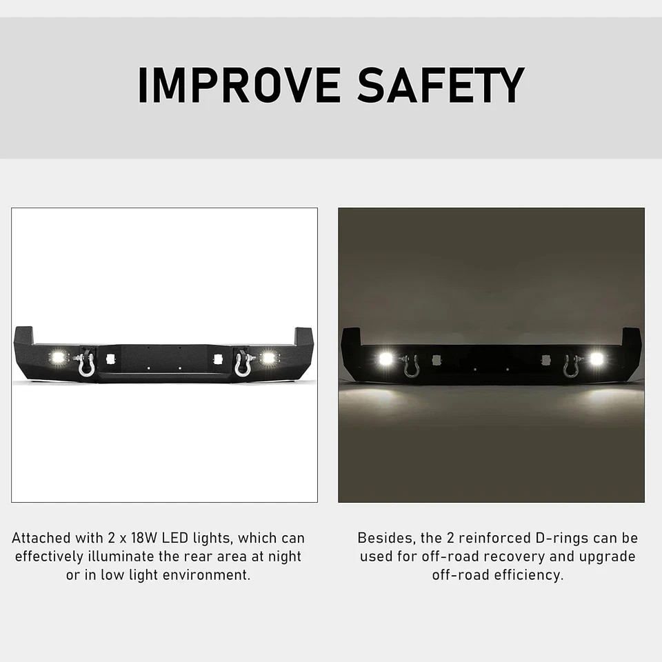 Rear Bumper Compatible with 2005-2015 Toyota Tacoma W/ 18W Led Lights License Pl
