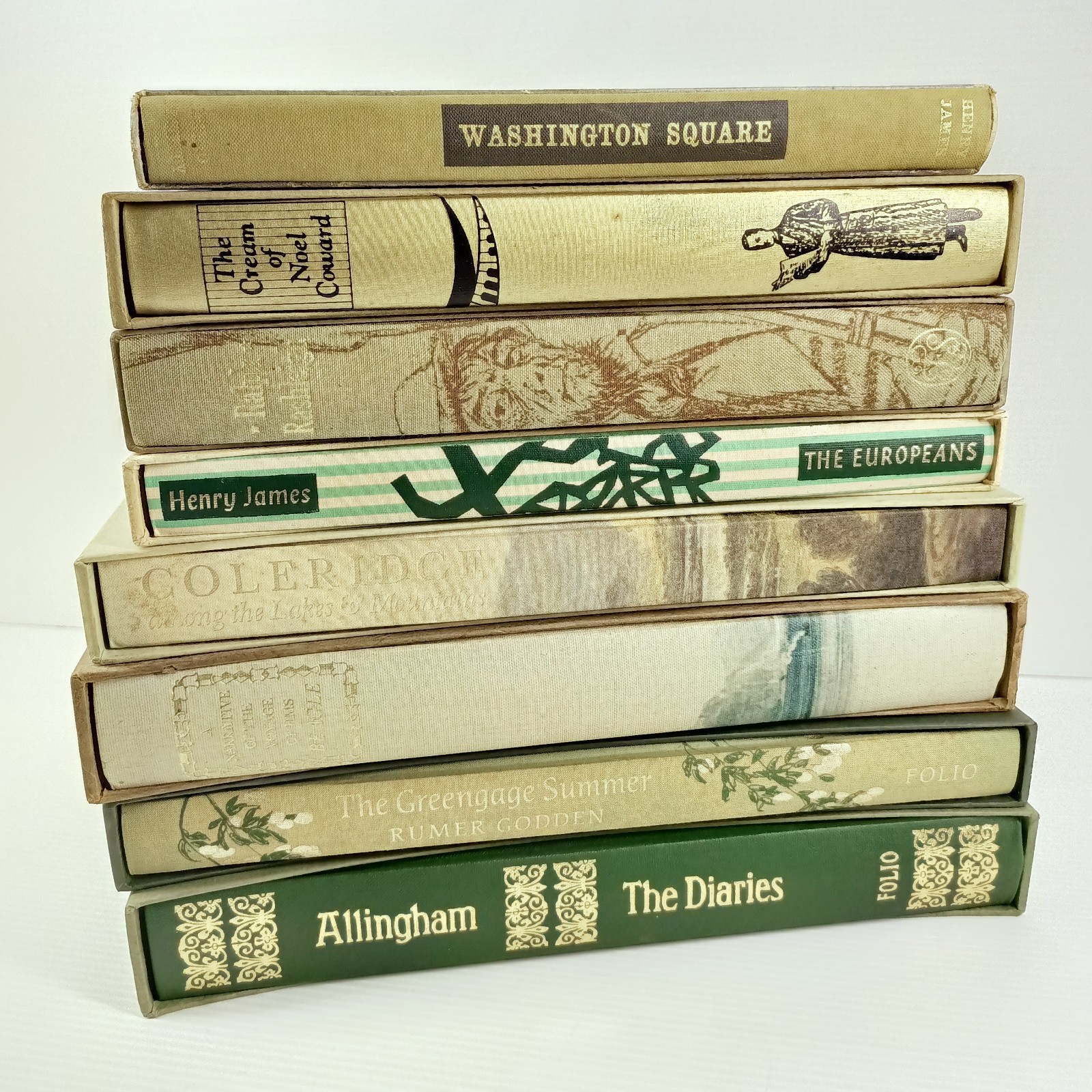 7x Folio Society Green Cream Shelf Fill Decor Stage Props 24cm Linear Books