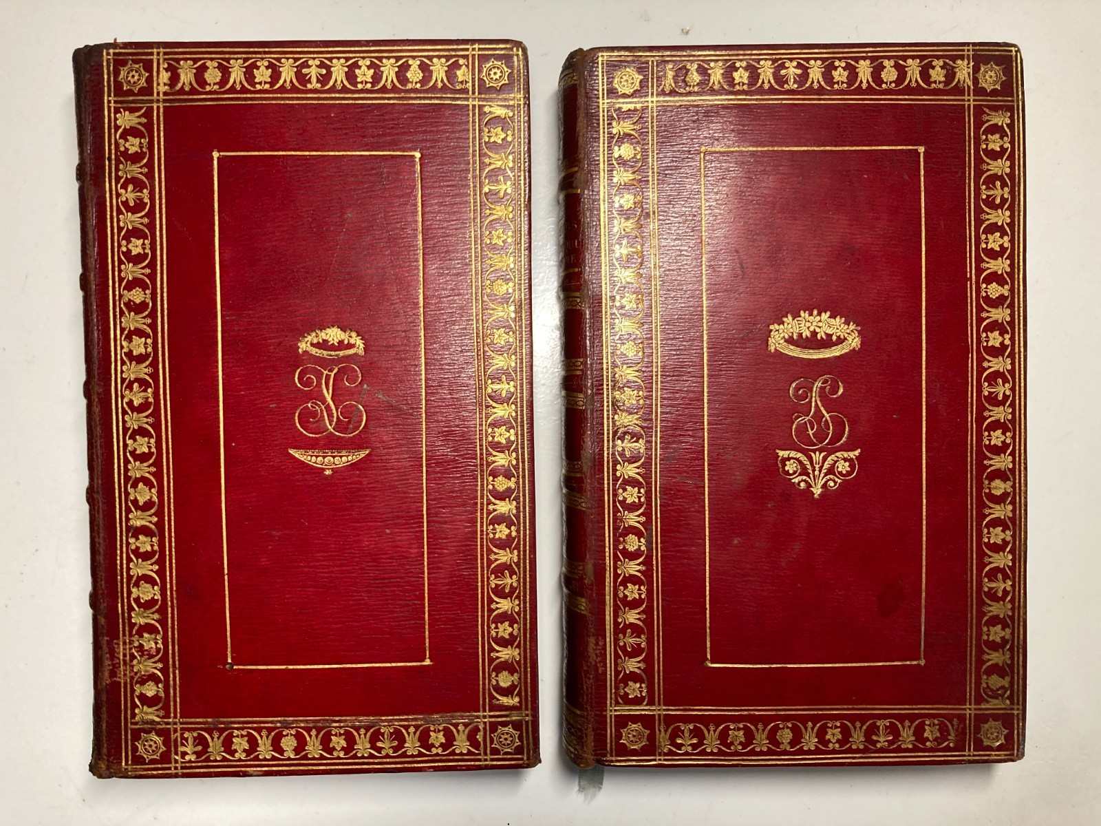 1825 JAMES Psychology Physiology 2 Vols Red Morocco Leather Silk Cipher