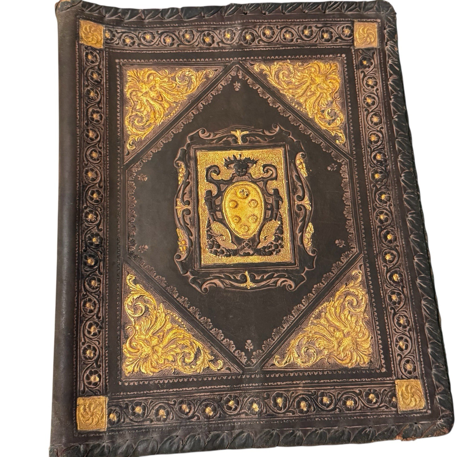 Antique Hand Tooled Leather Book Cover made In Italy Large 13” X 16” Gilded
