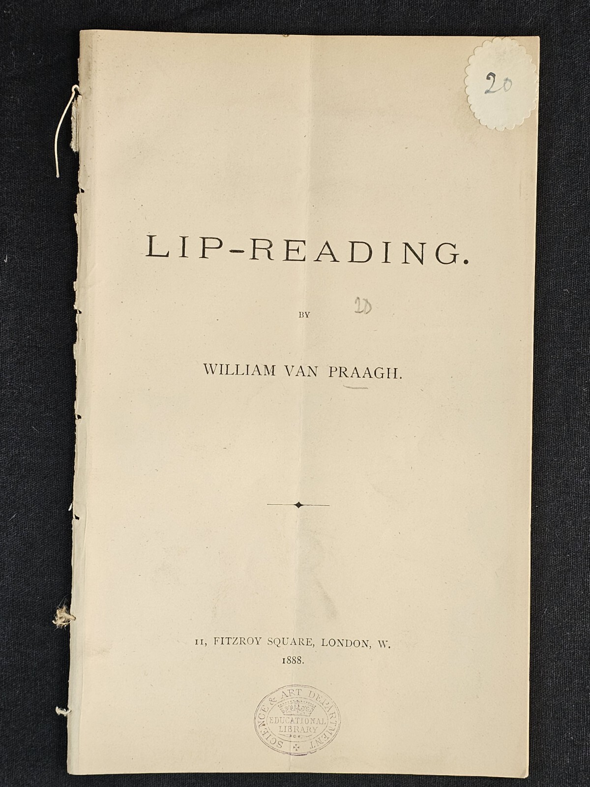 1888 Lip-Reading By William Van Praagh Pamphlet RARE LIP READING London