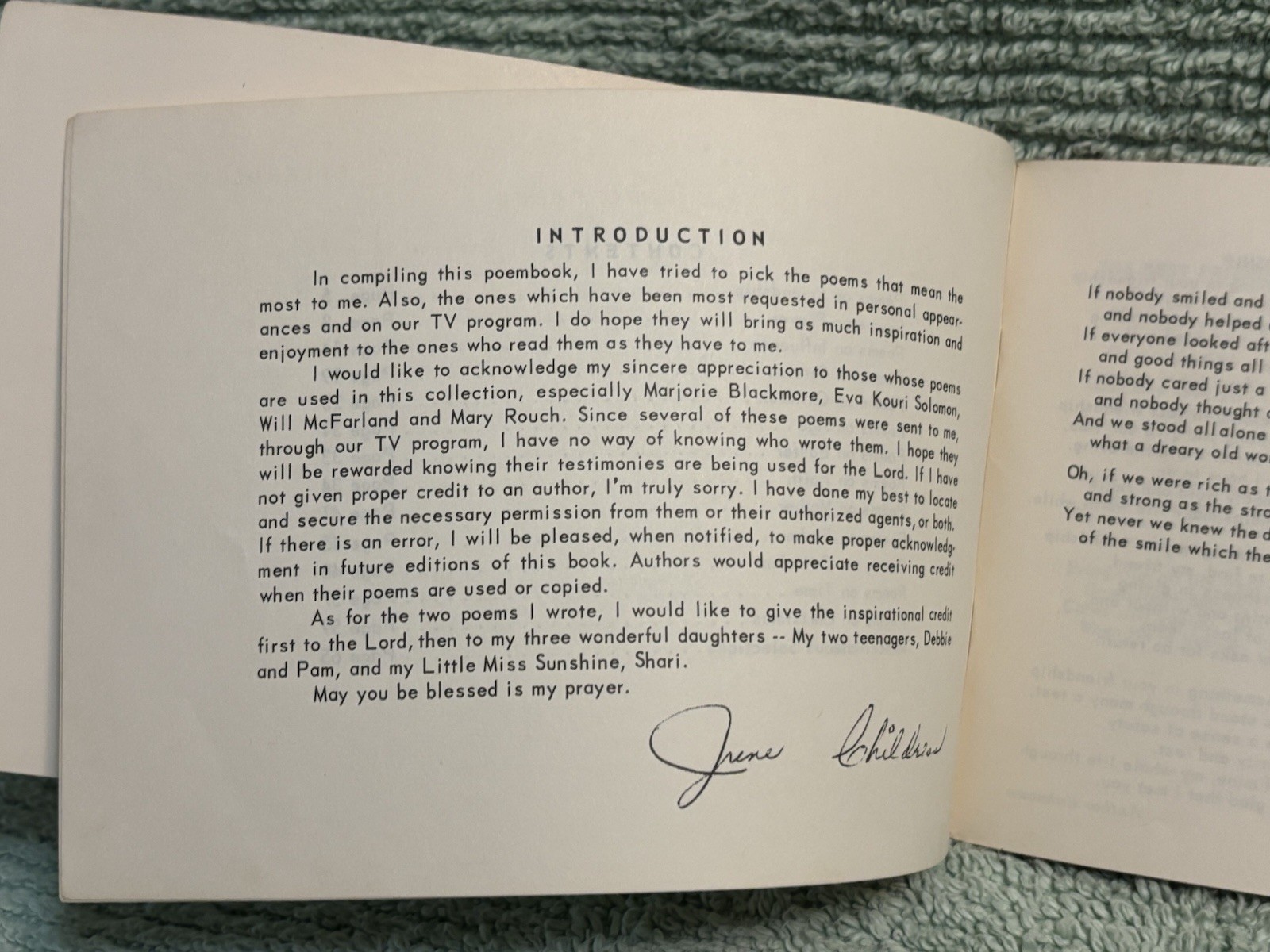 JUNE CHILDRESS “ Junes’s Favorite Book of Poems”. 138 selections, 92 pages.