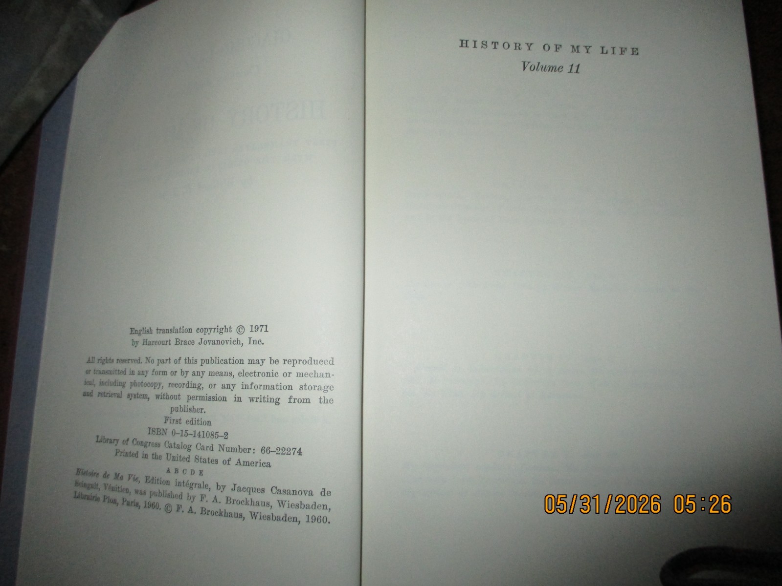 Giacomo Casanova History of My Life Volumes 1-12 (bound in 6.) Slipcased.