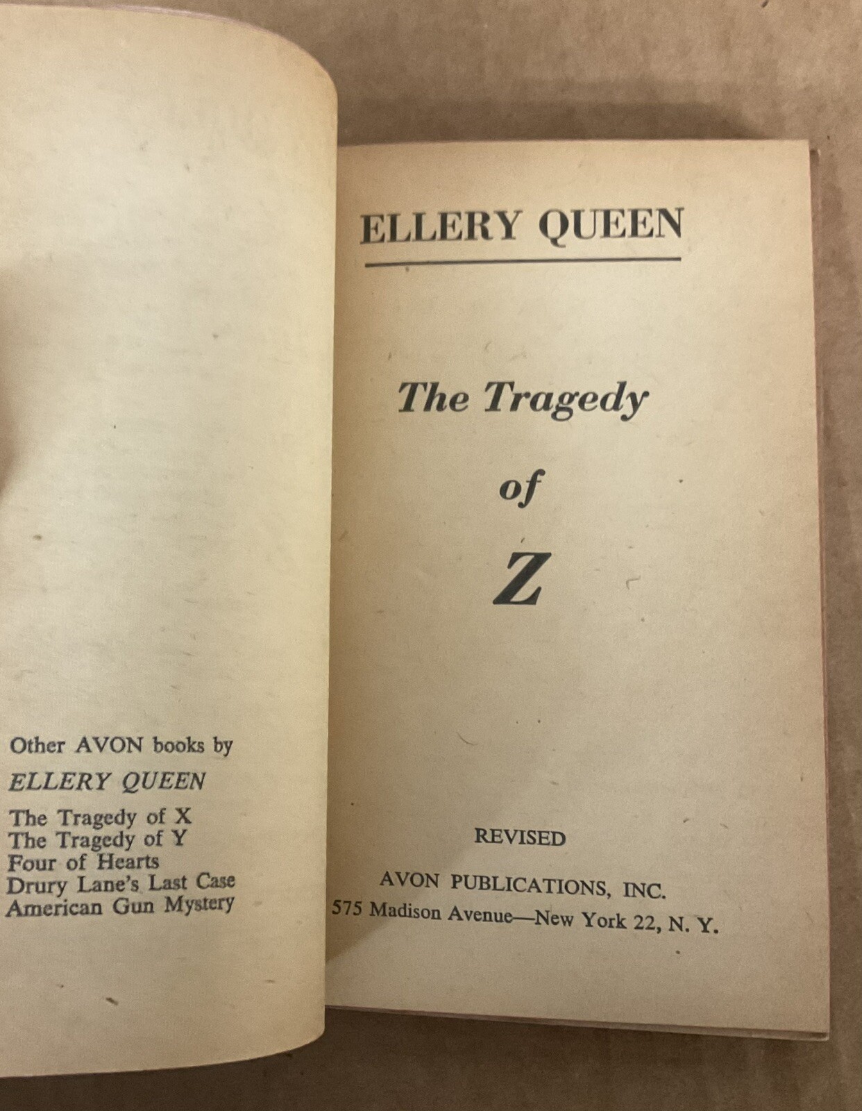 THE TRAGEDY OF Z VINTAGE PAPERBACK (1933) Avon #726; Ellery Queen; VG