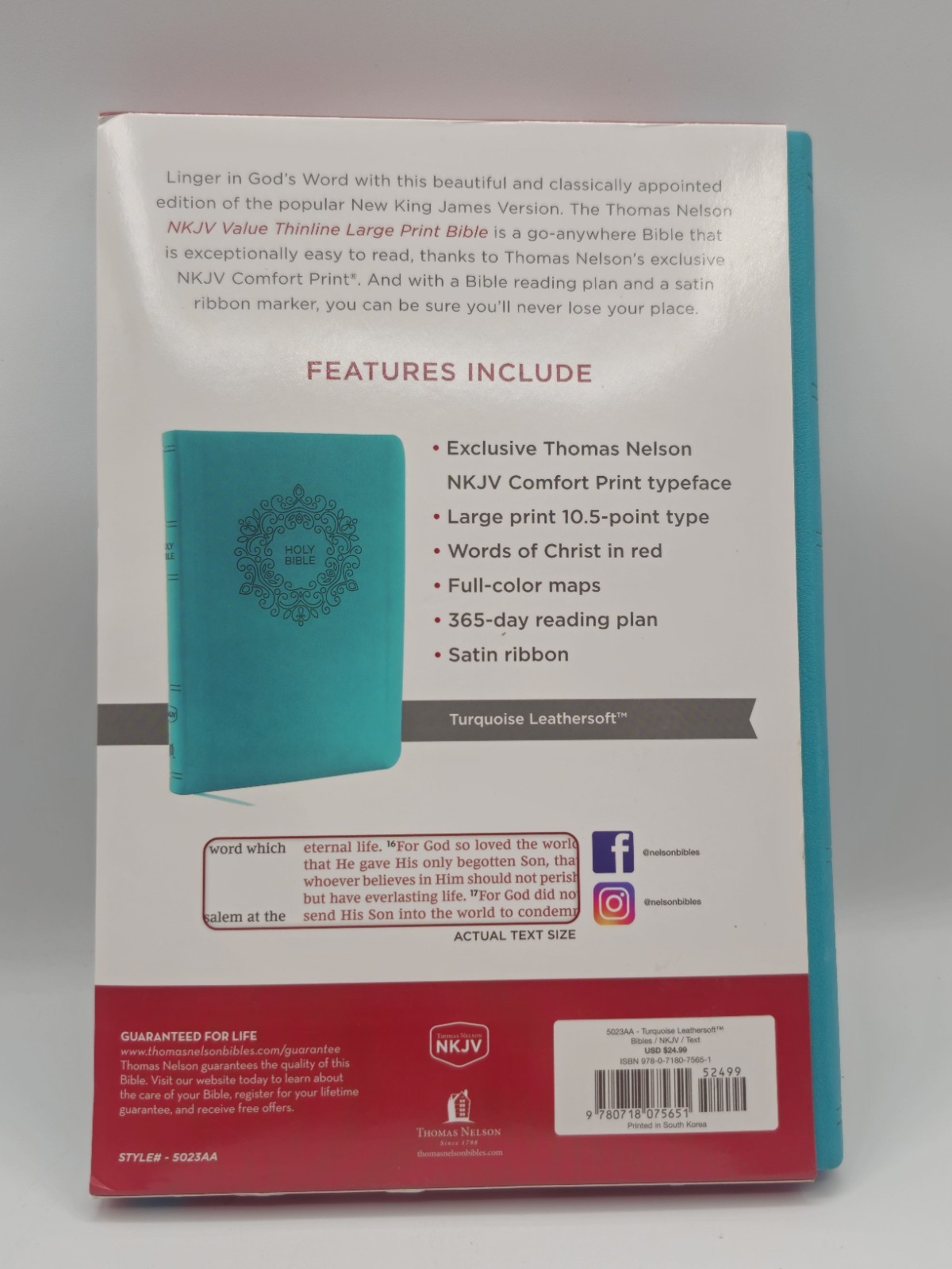 NKJV Large Print Thinline Bible Turquoise Leathersoft Thomas Nelson NEW