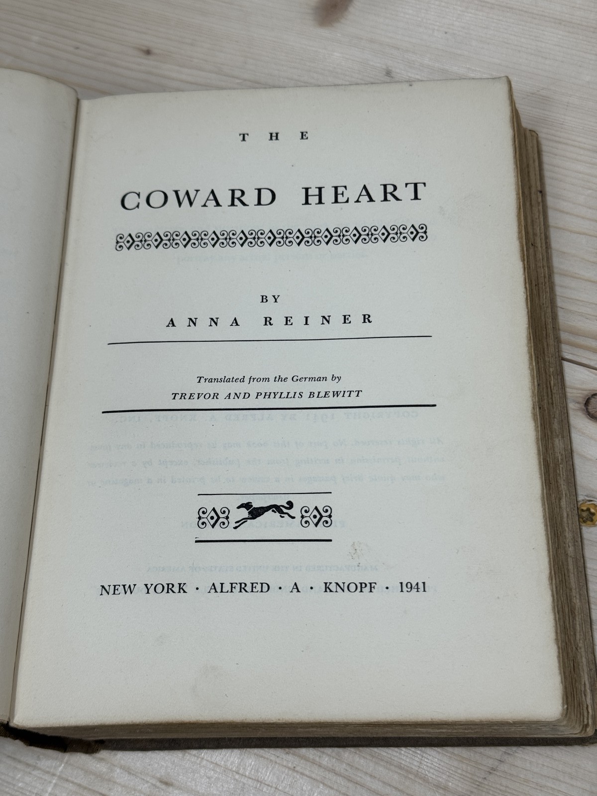 The Coward Heart by Anna Reiner 1941 First American Edition Alfred A. Knopf