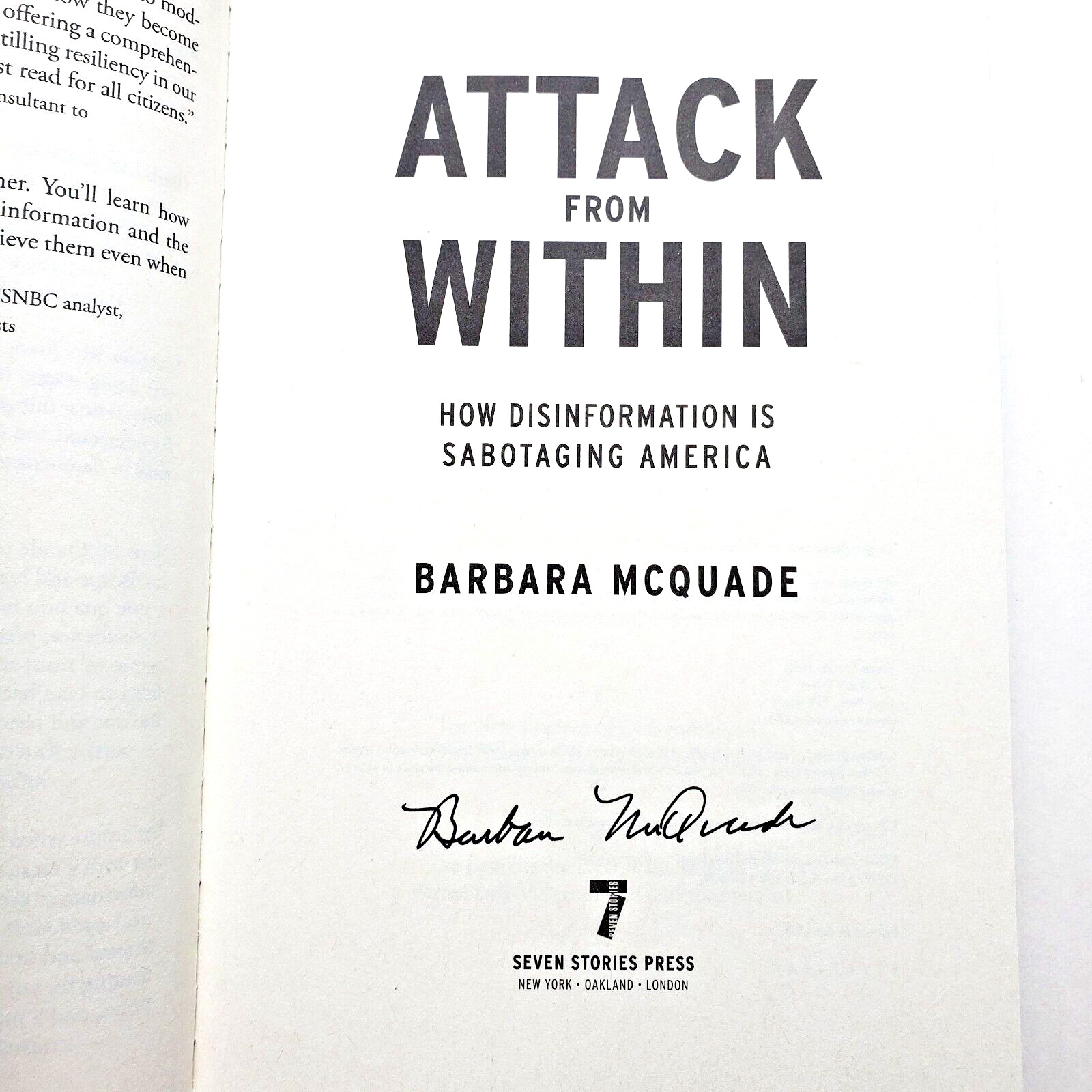 SIGNED Barbara McQuade 1st Ed Attack From Within Disinformation Politics Law