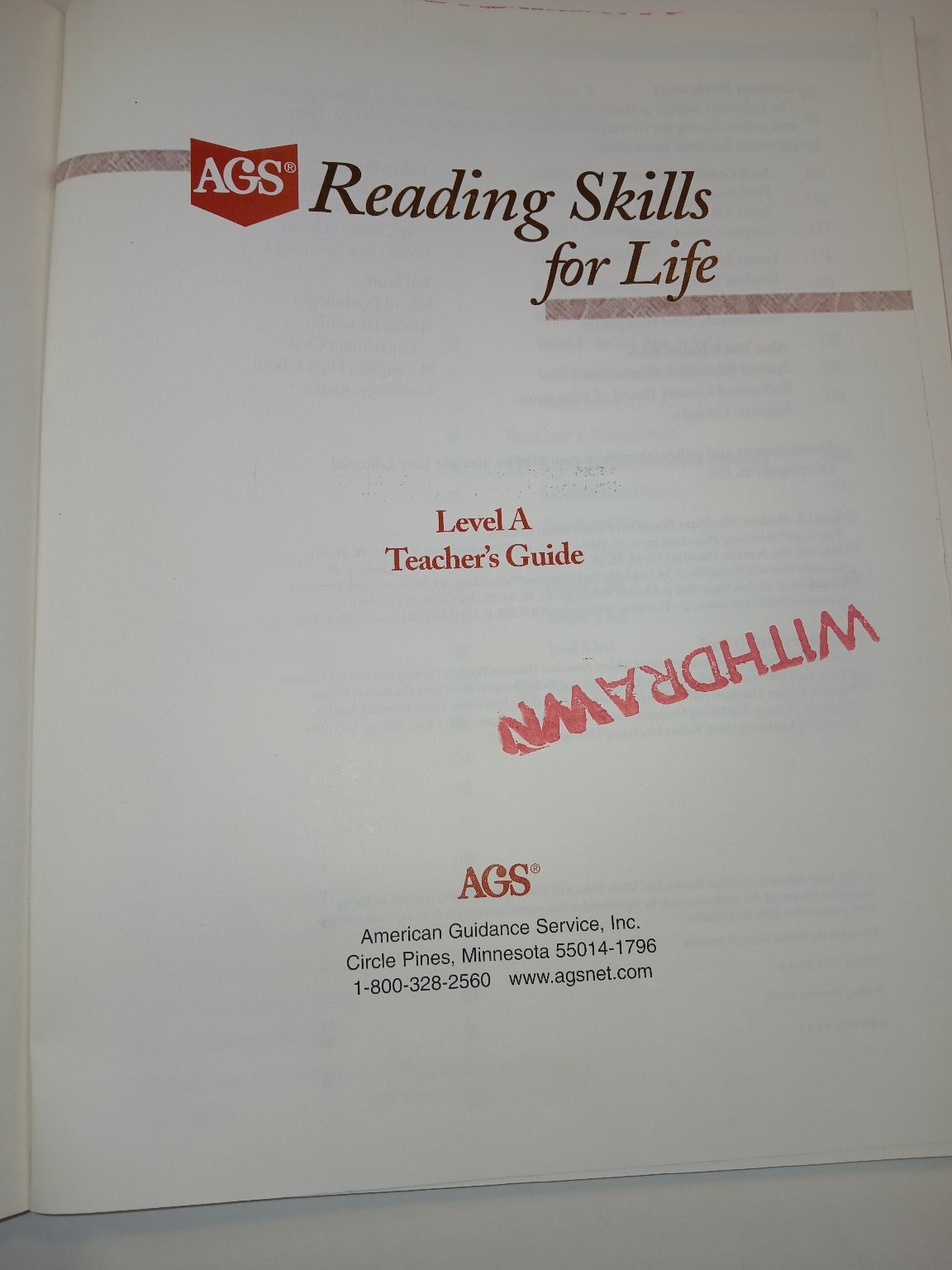 Reading Skills for Life Teacher’s Guide Level A 2002 AGS Education