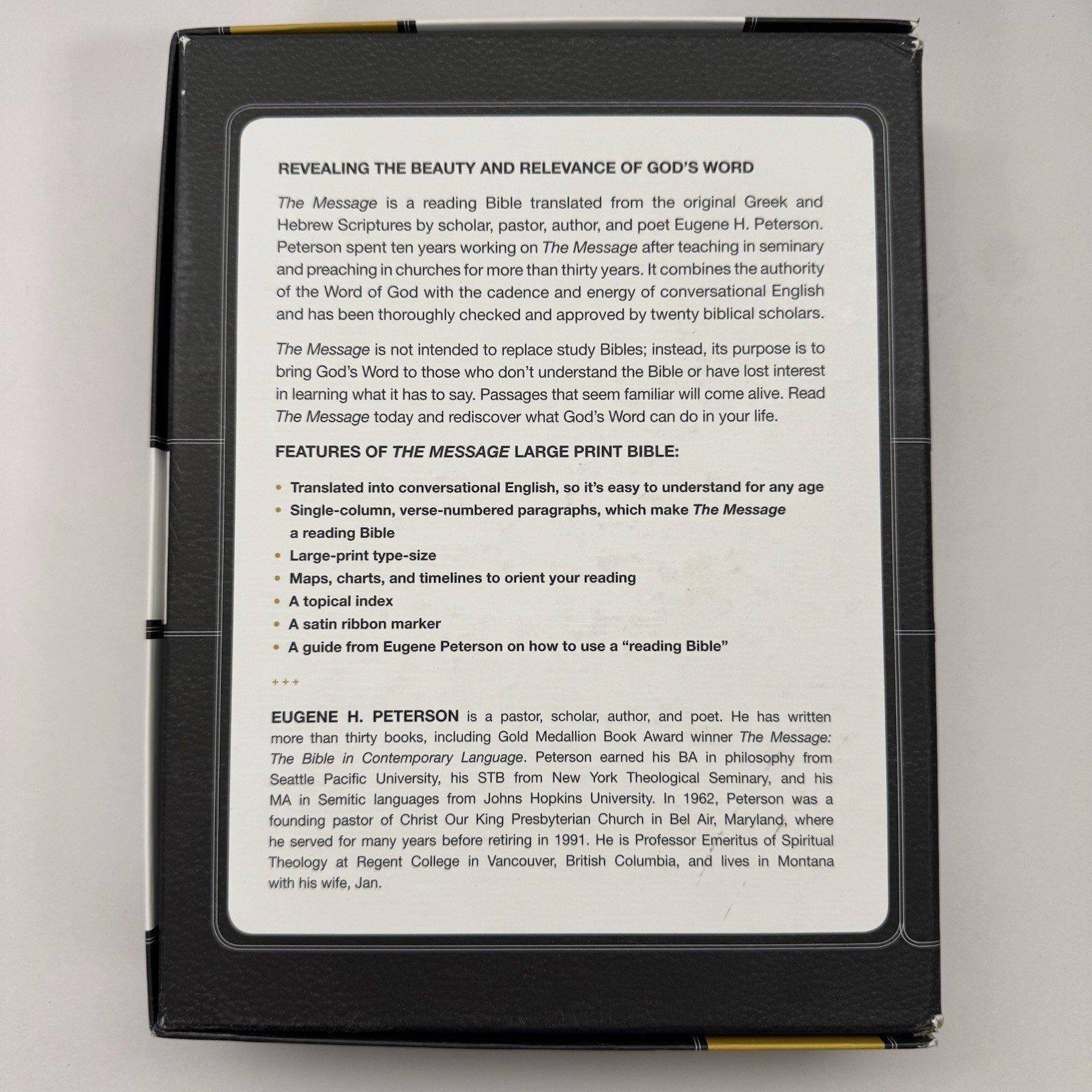 The Message Large Print Genuine Black Leather Bible Eugene H. Peterson w/ Box