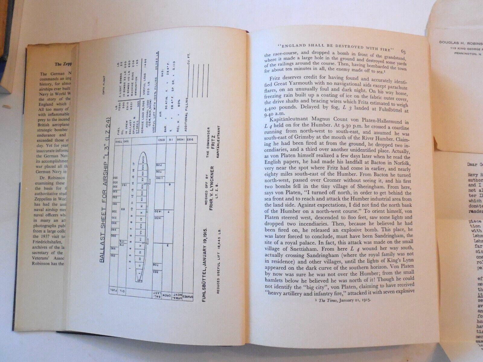 1962 The Zeppelin In Combat by Douglas Robinson HB w/ Signed Letter from Author