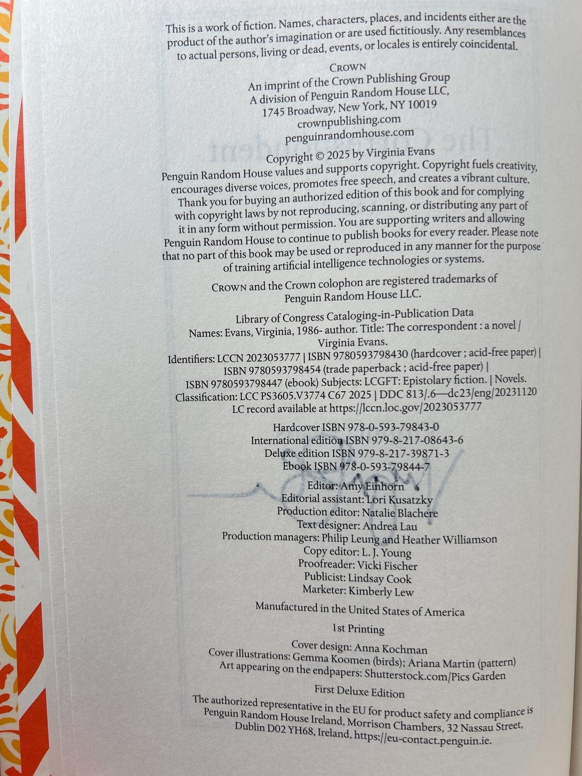 Virginia Evans / The Correspondent SIGNED DELUXE EDITION 1st Edition 2026