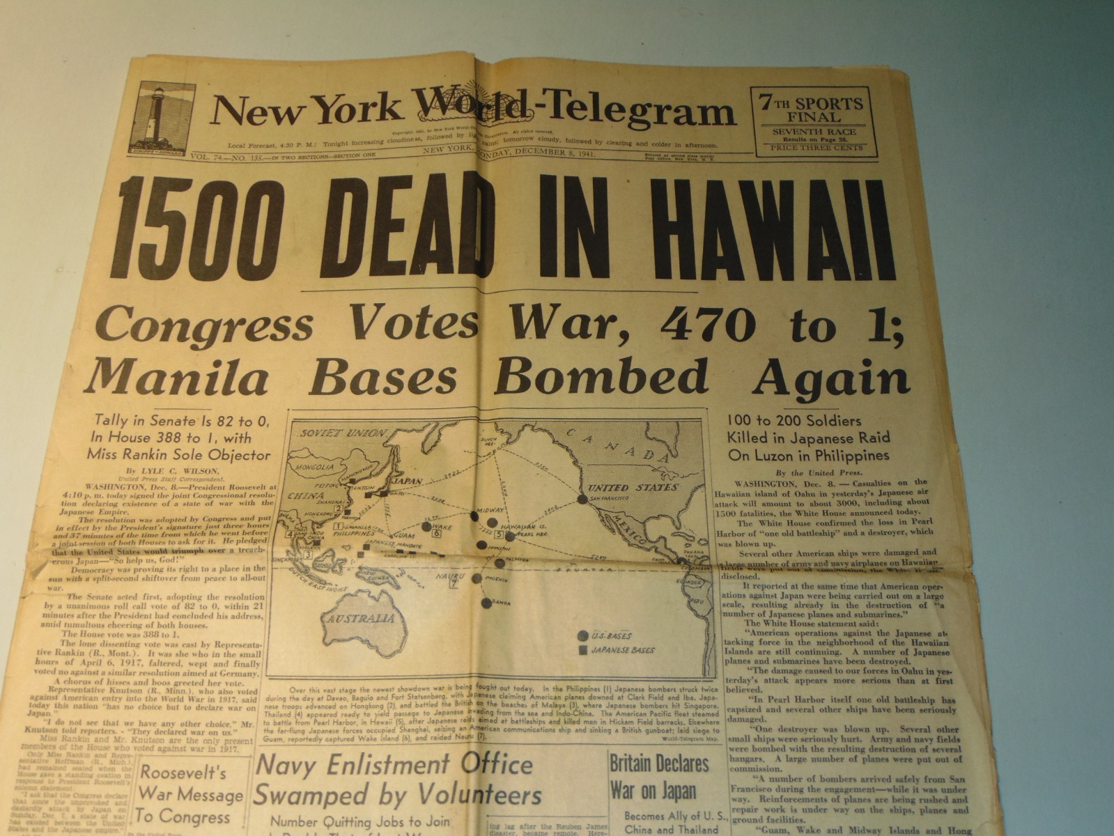 DEC. 8, 1941 “N.Y. WORLD-TELEGRAM” WWII NEWSPAPER: JAPAN BOMBS PEARL HARBOR