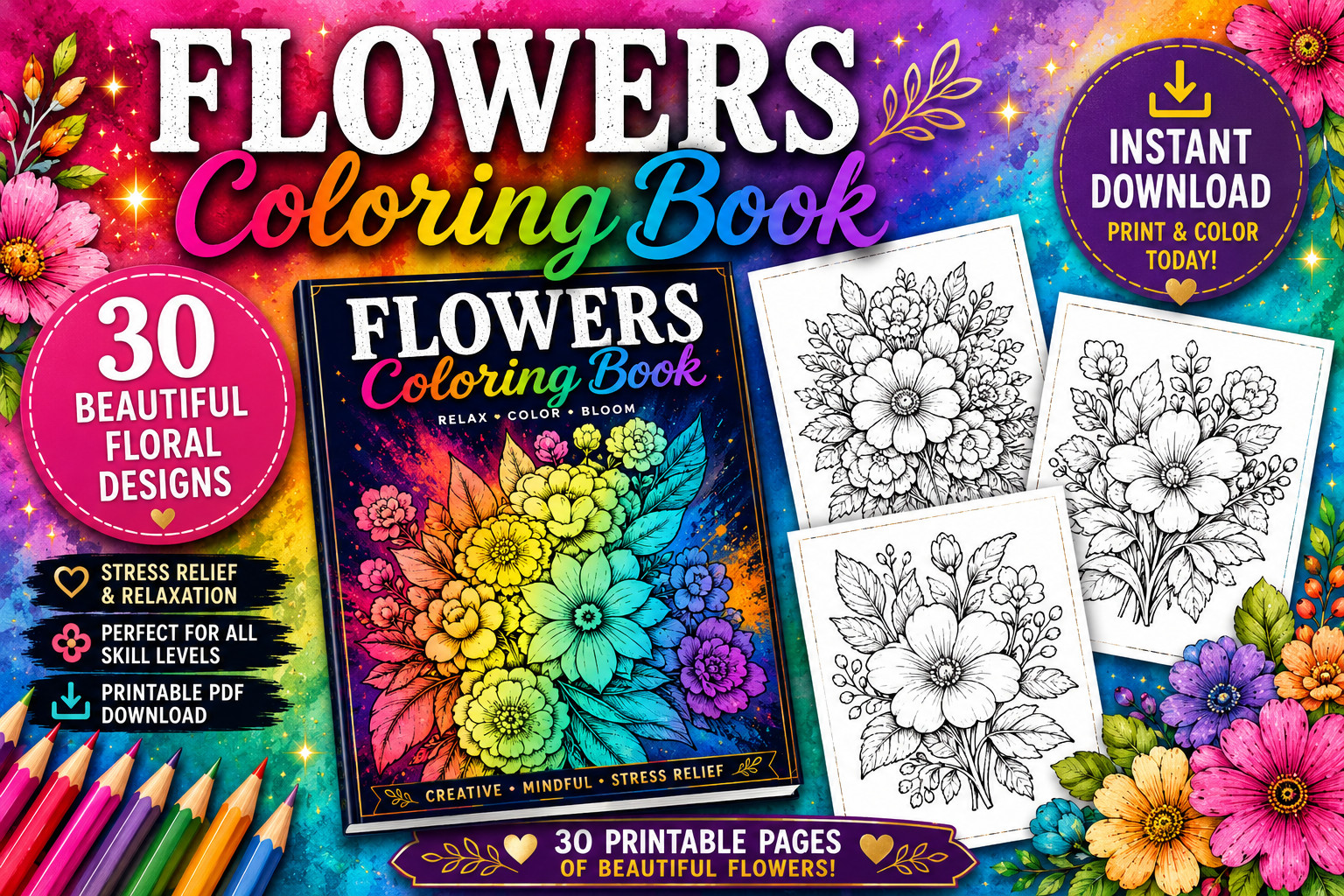 DIGITAL CONTENT- 2025 Flower 30 Page Activity Book – PRINTABLE