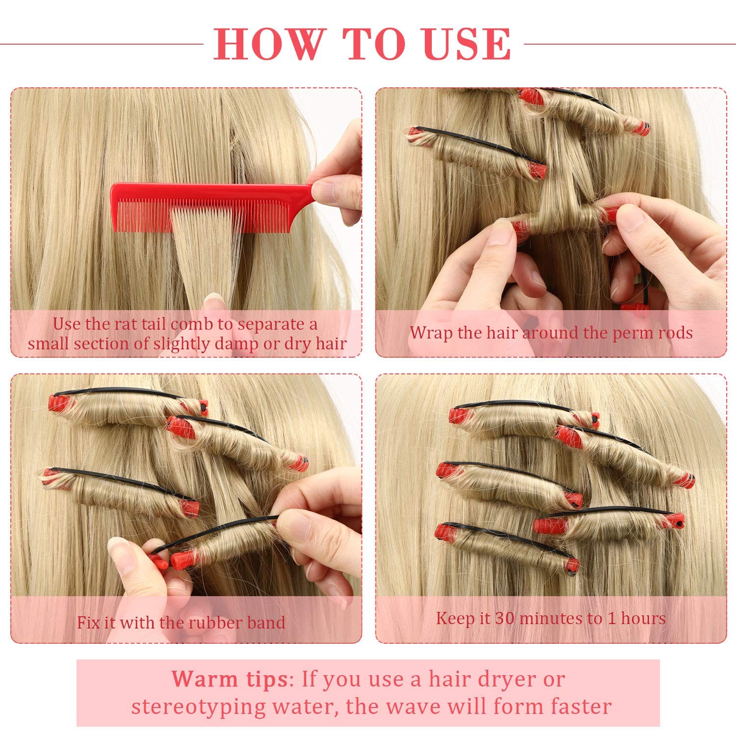WILLBOND 60 Pcs Perm Rods for Short Long Hair Plastic Cold Wave 0.2 Inch, Red