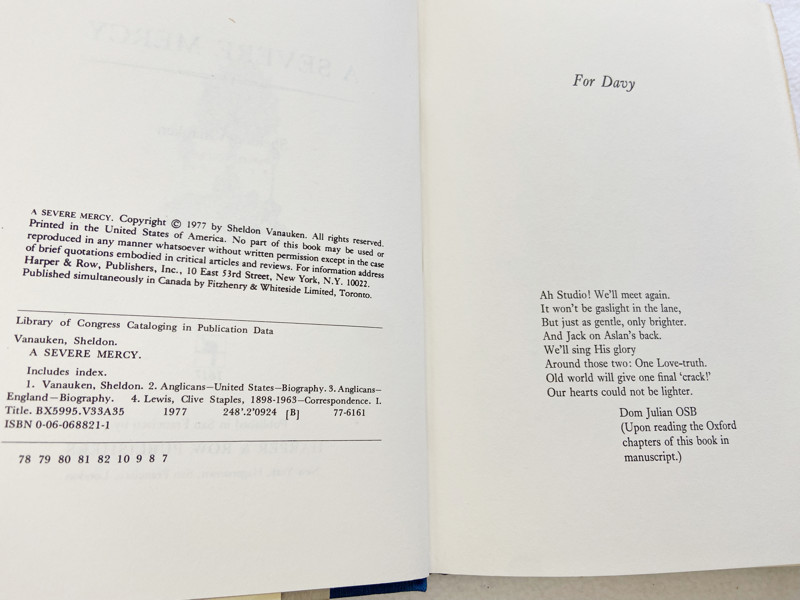 1980 HC A Severe Mercy by Sheldon Vanauken