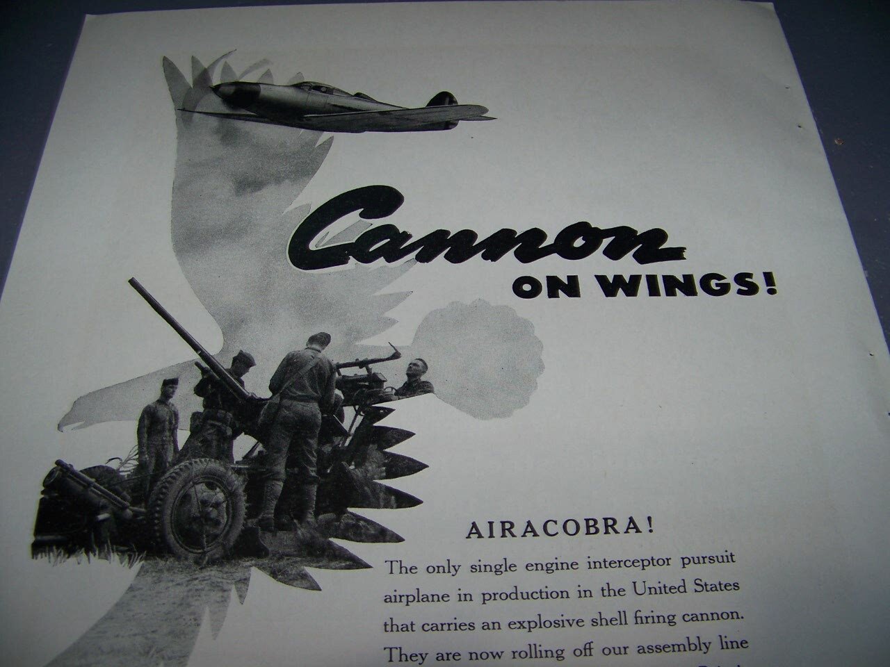 1941 BELL P-39 AIRACOBRA “CANNON ON WINGS”…1-PAGE SALES AD..(719X)