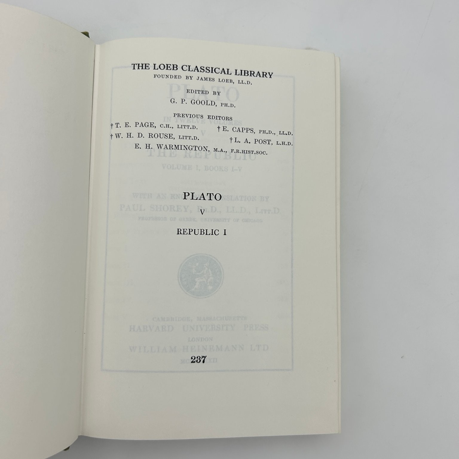 Plato Republic I Paul Shorey 1982 Loeb Classical Library Greek English Harvard