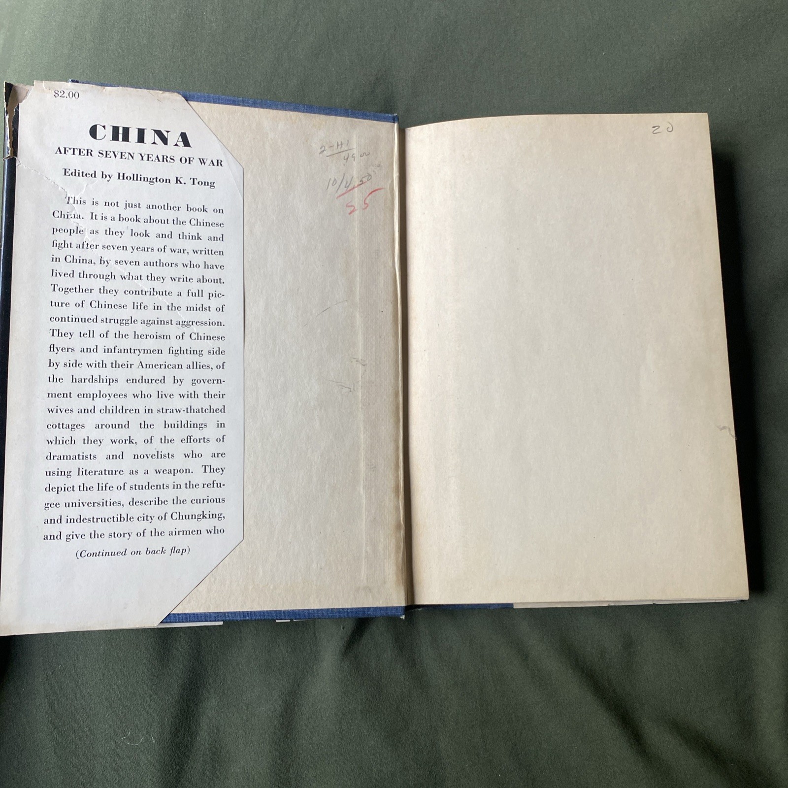 China After Seven Years of War by Hollington K. Tong HCDJ 1st Printing 1945