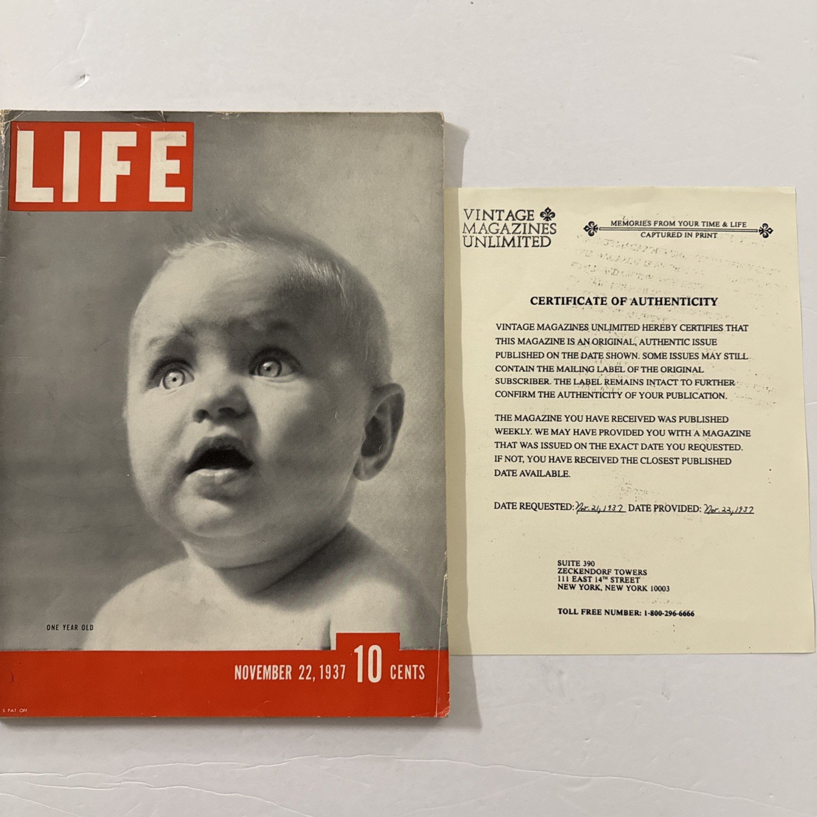 LIFE Magazine Nov 22 1937 Baby Cover Vintage Original w Certificate Sleeve