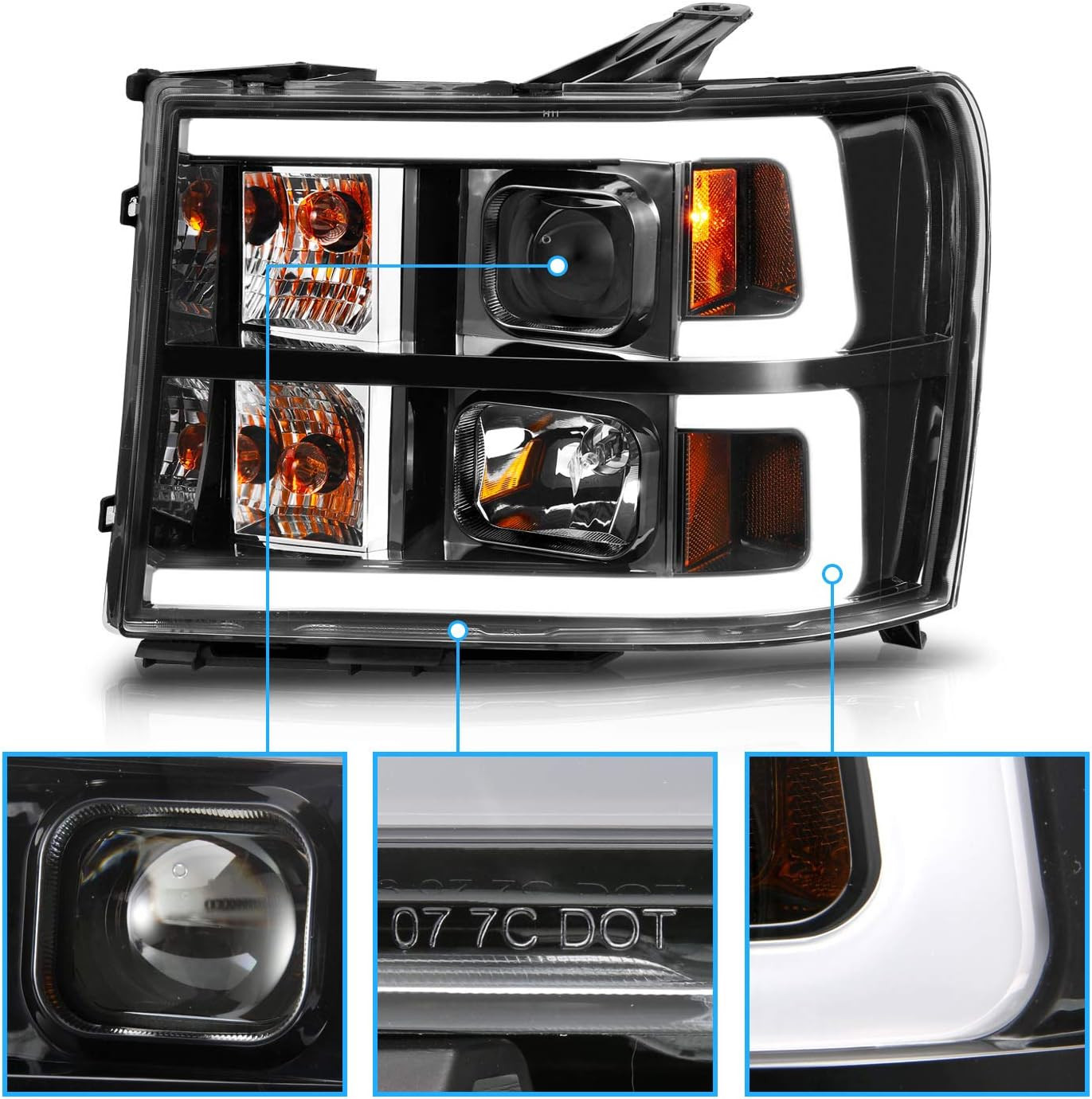 for 2007-2014 GMC Sierra 1500 2500 3500 Dual C-Type LED Tube Square Projector Bl
