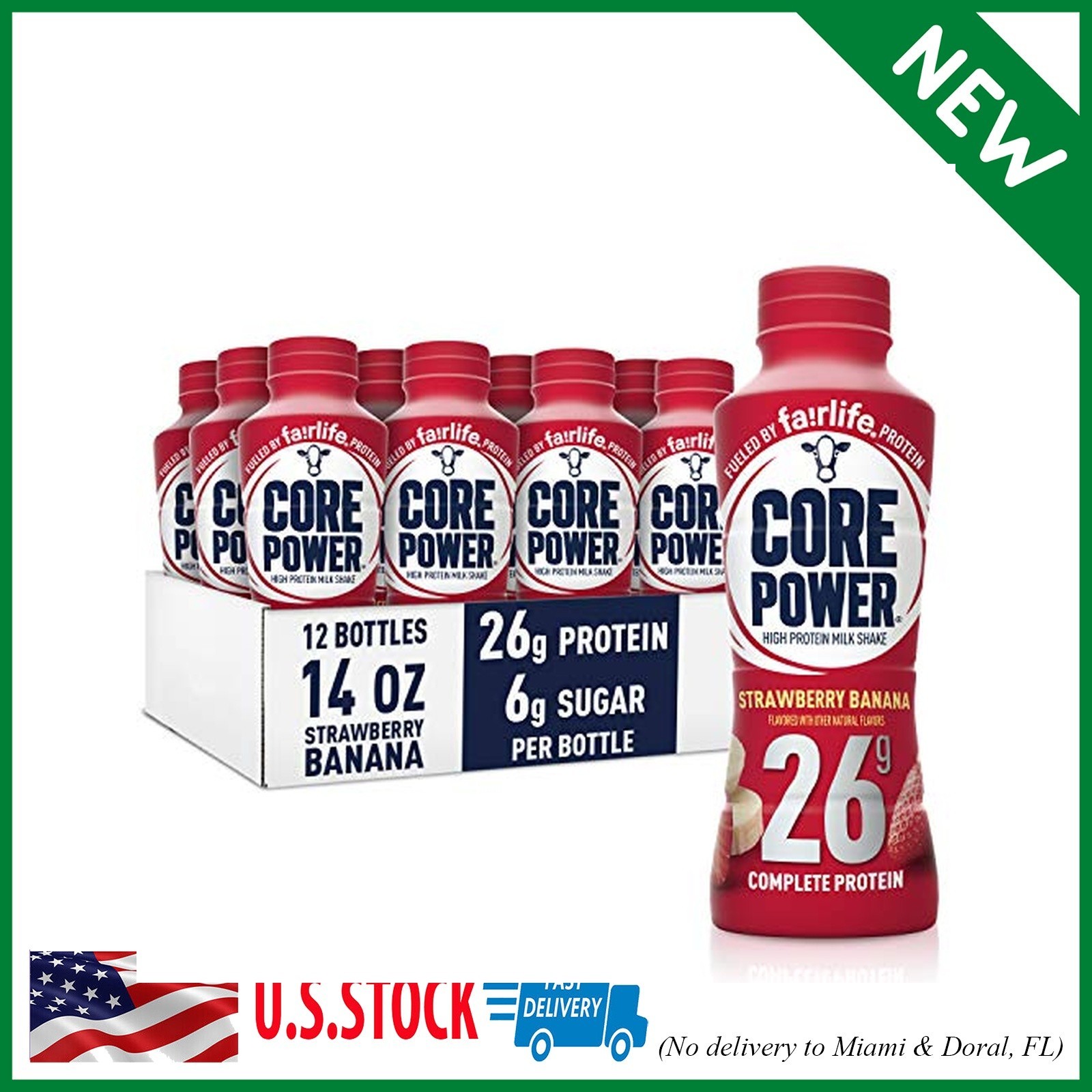 12 Pack Core Power Protein Shake, Strawberry Banana, 26g Bottle, 14oz,