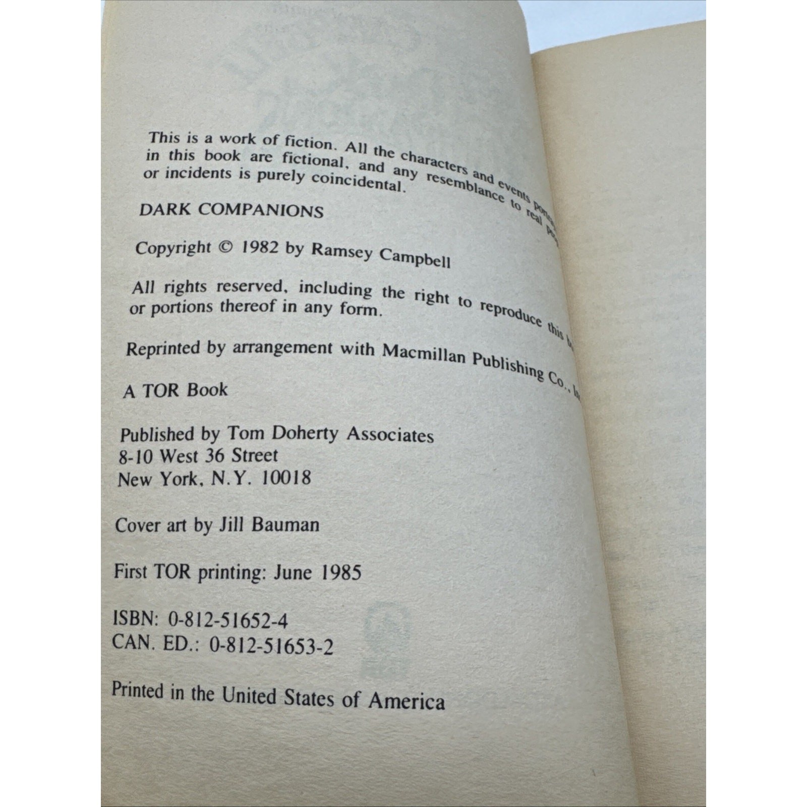 Dark Companions Ramsey Campbell 1985 VTG MMPB First Tor Printing Horror Fiction