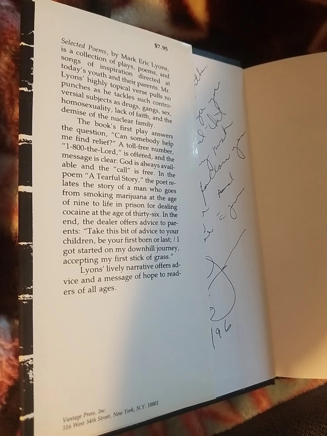 Selected Poems Signed by Mark Eric Lyons Hardcover 1992 1st Edition