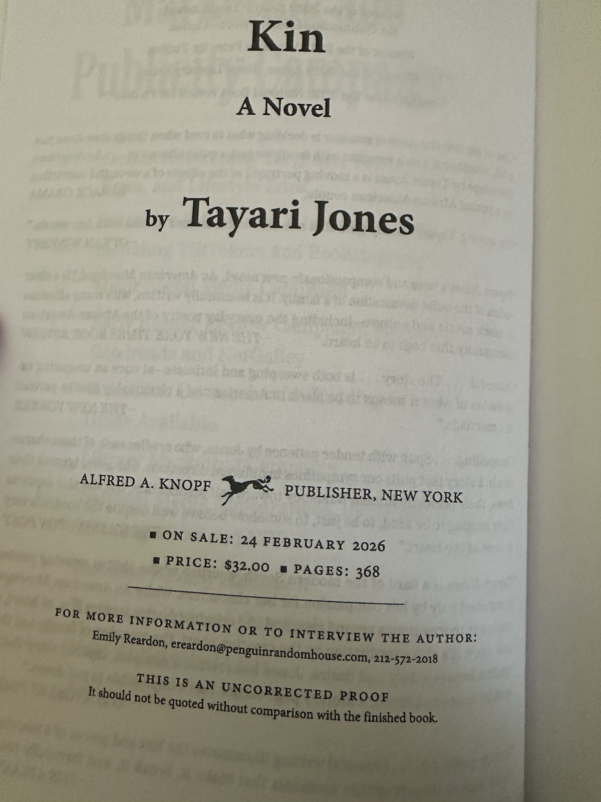 Kin by Tayari Jones | Softcover Proof ARC | Book, Unsigned
