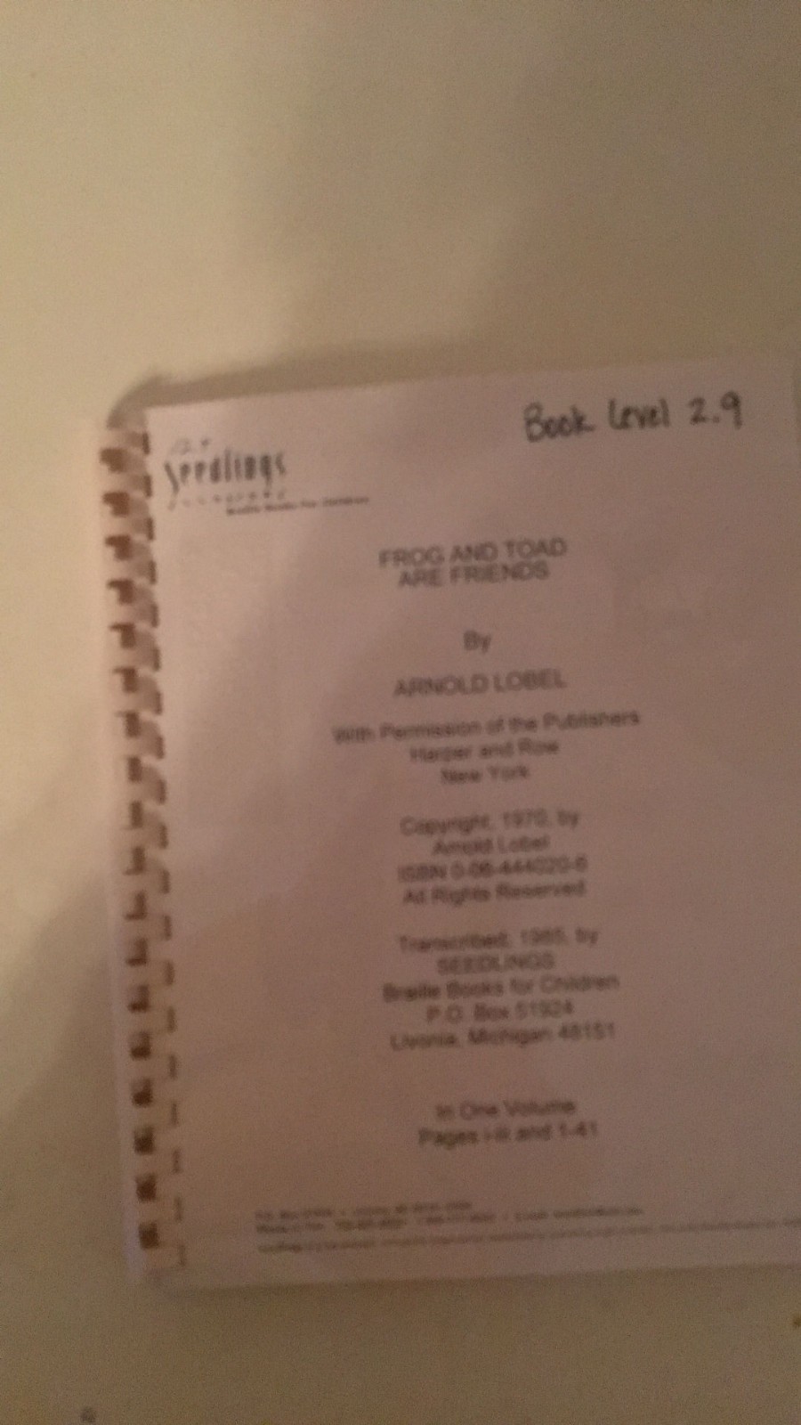 Braille Book: “Frog and Toad are friends” Old Braille format
