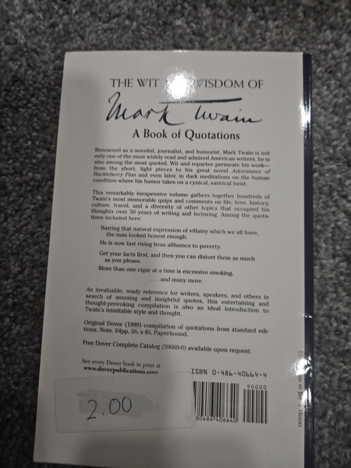Wit and Wisdom of Mark Twain : A Book of Quotations by Mark. Twain (1998, Trade