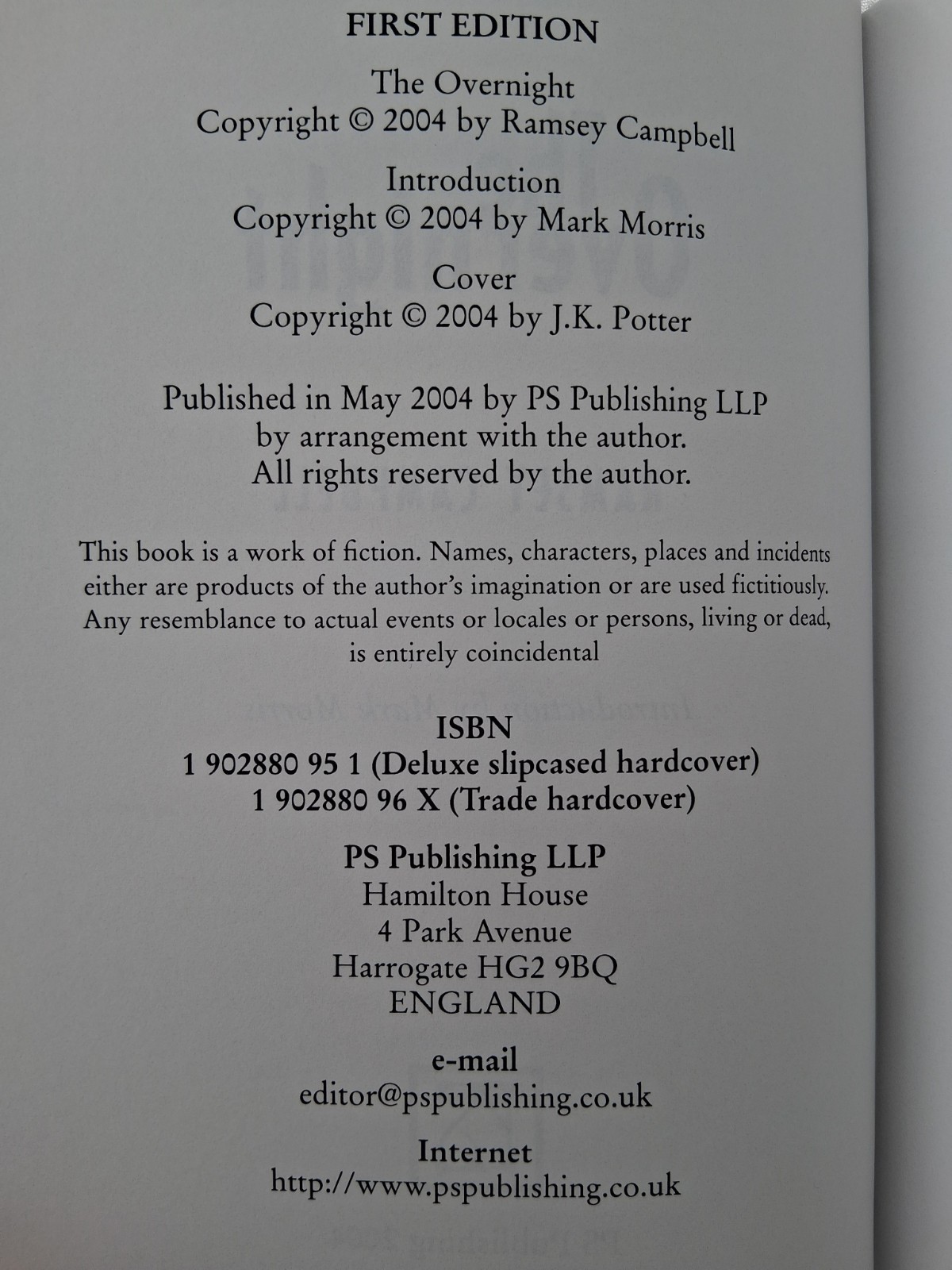 The Overnight Ramsey Campbell PS Publishing Signed/numbered Slipcase edition