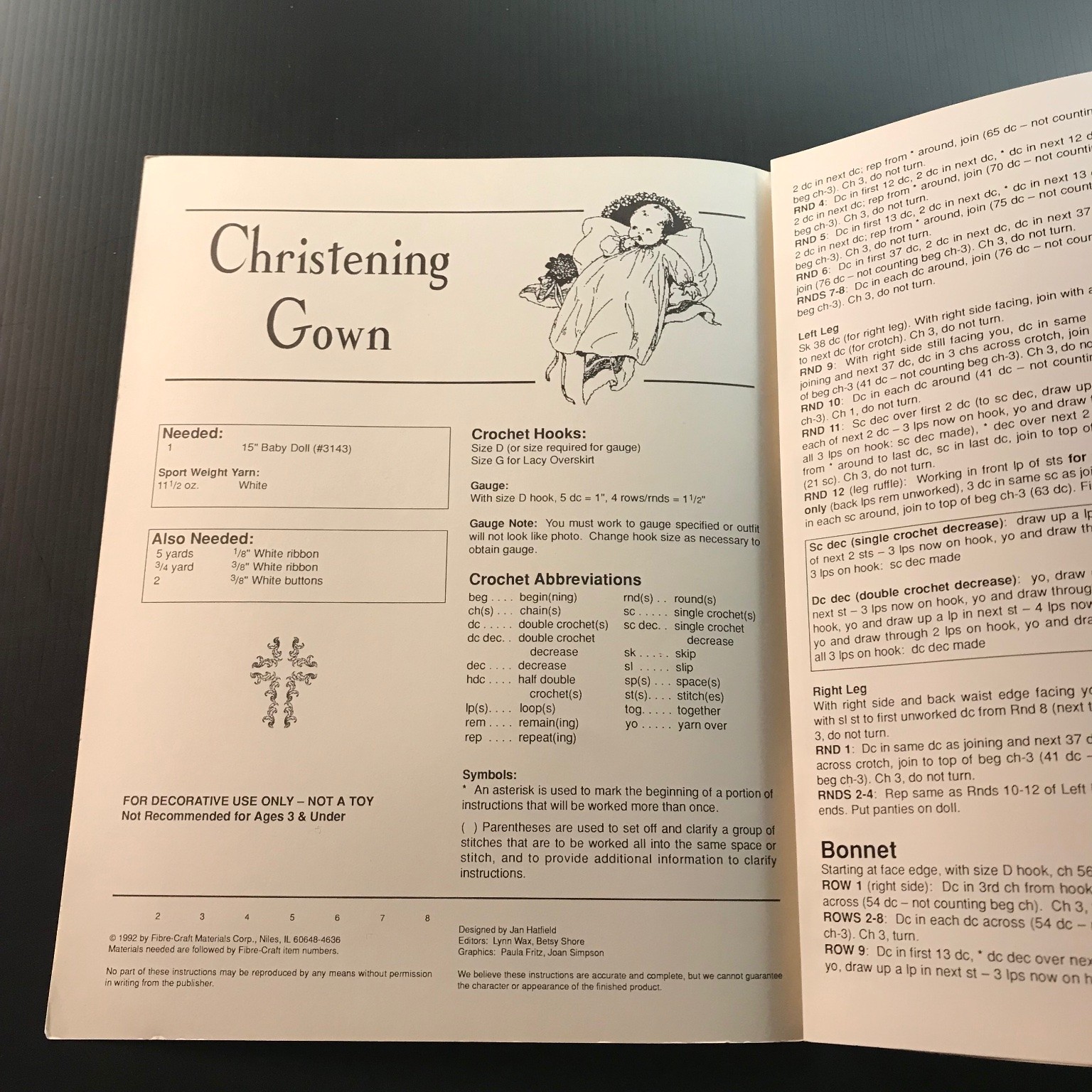 Christening Gown Fibre-Craft 1990 Crochet Pattern Baby Doll Outfit FCM288