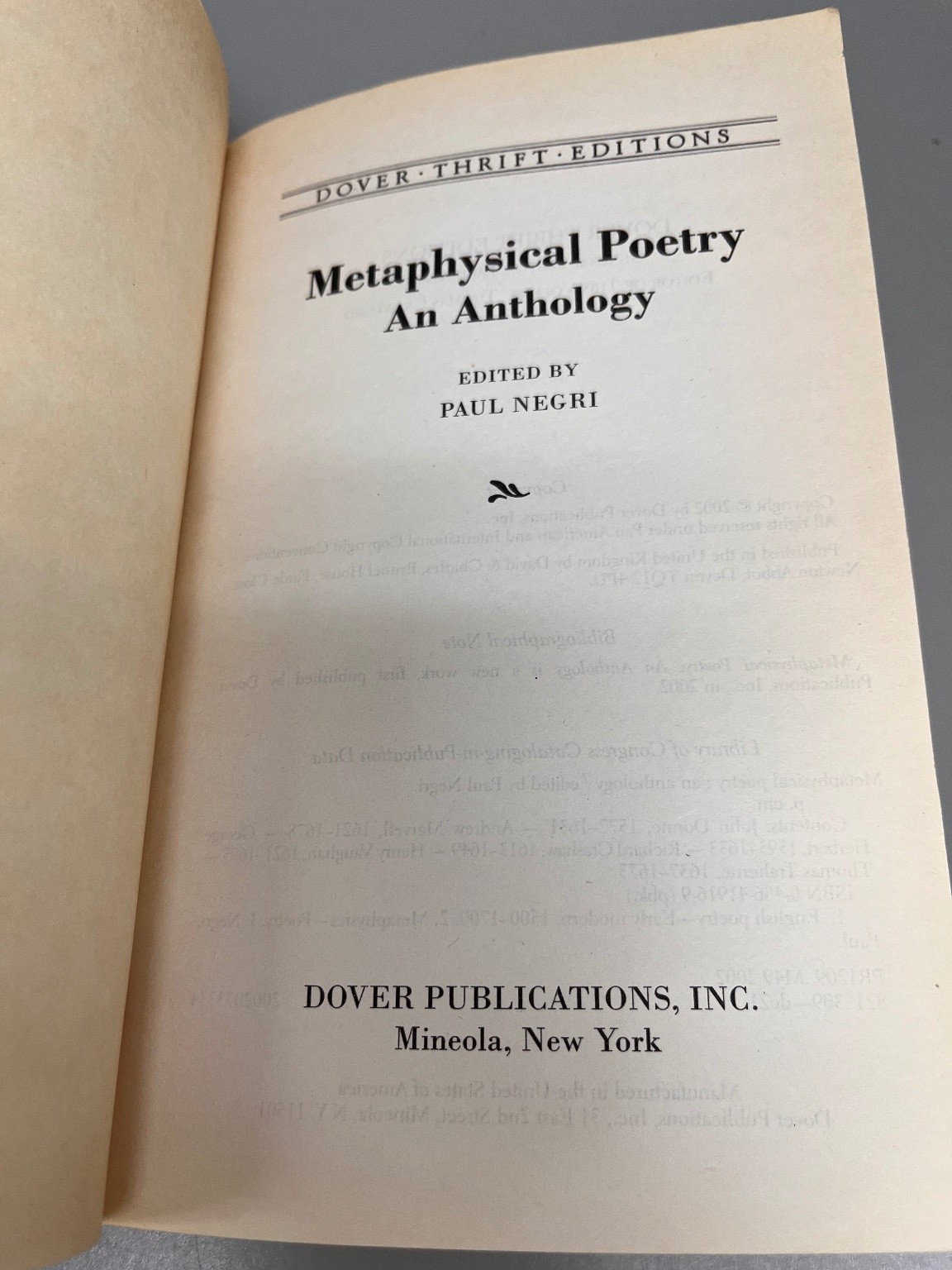 Metaphysical Poetry Anthology Paul Negri 2002 Dover Thrift Edition Poetry