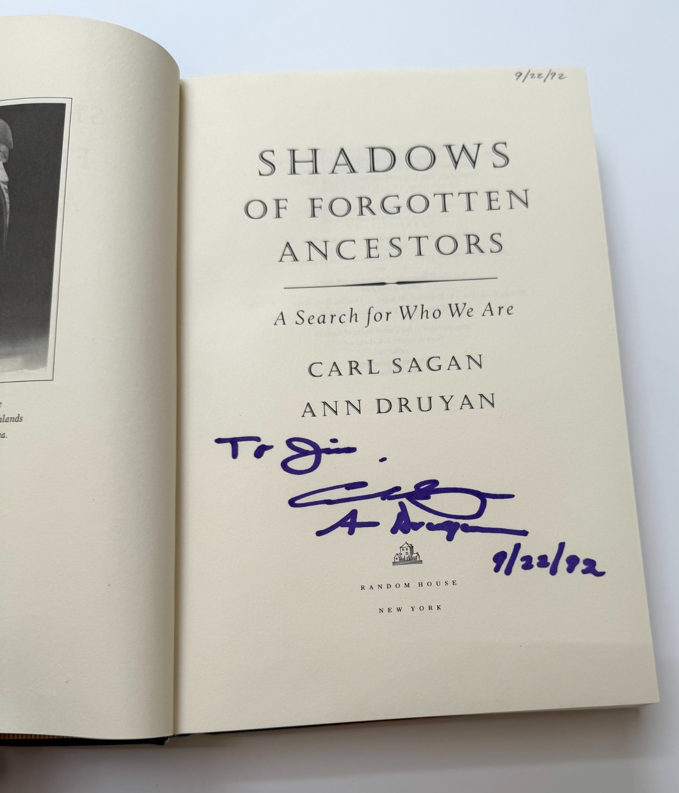 Carl Sagan Ann Druyan Signed Shadows of Forgotten Ancestors 1st Ed 1992 HC DJ