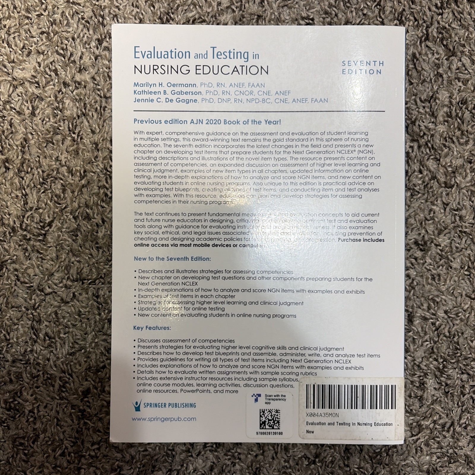 Evaluation and Testing in Nursing Education by Marilyn Oermann, 7 Ed, Paperback