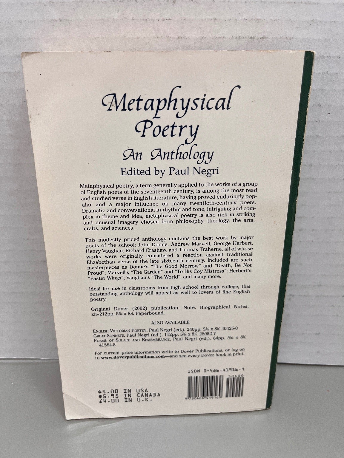 Metaphysical Poetry Anthology Paul Negri 2002 Dover Thrift Edition Poetry