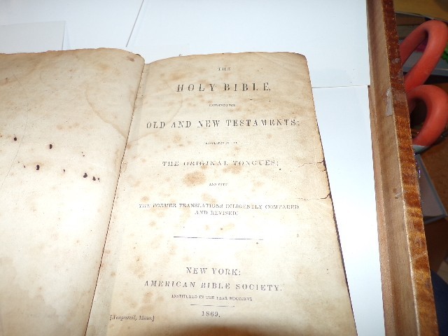 The Holy Bible American Bible Society RARE 1869 Brown Leather Original Tongues