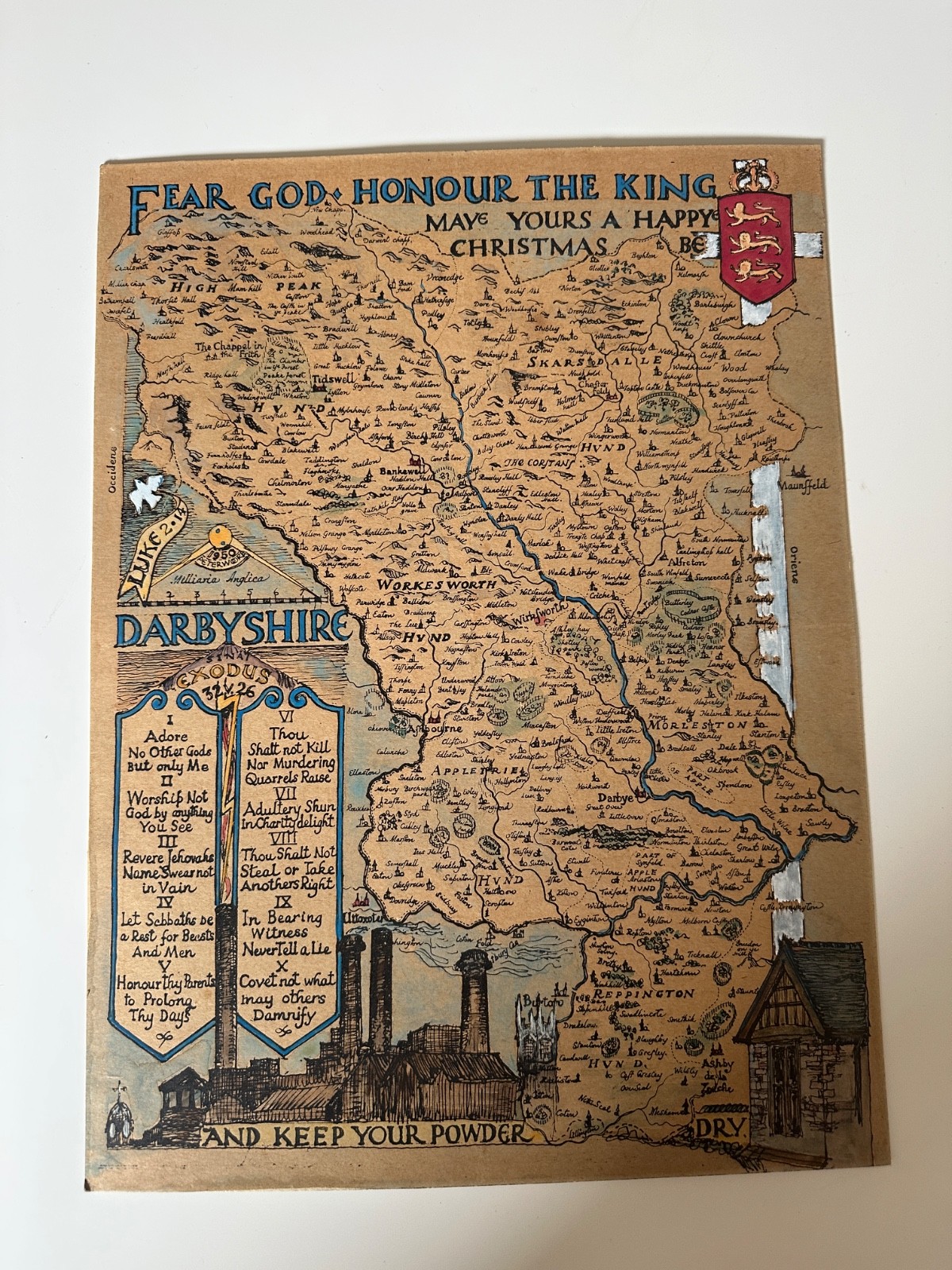 DERBYSHIRE Manuscript Map See VIDEO Presentation 38.5 × 28.5cm hand-painted 1950