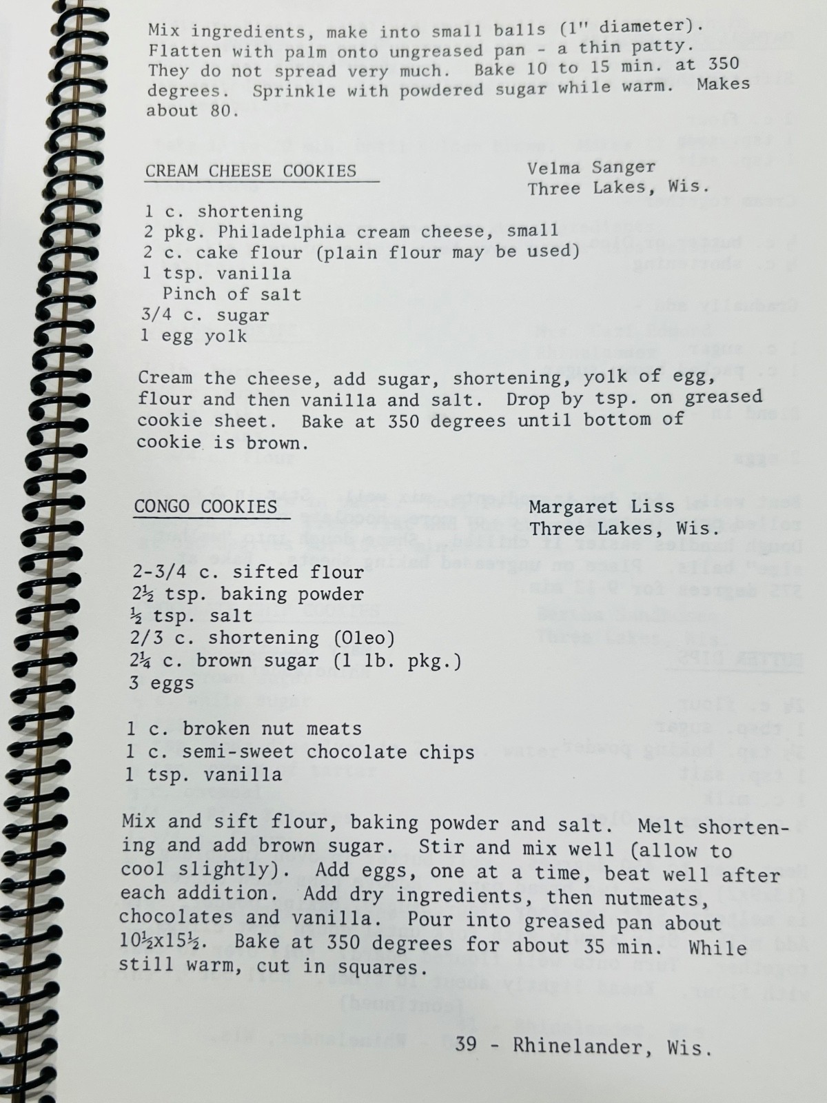 Spiral Bound Cookbook Oneida County Senior Center Rhinelander Wisconsin WI Recip