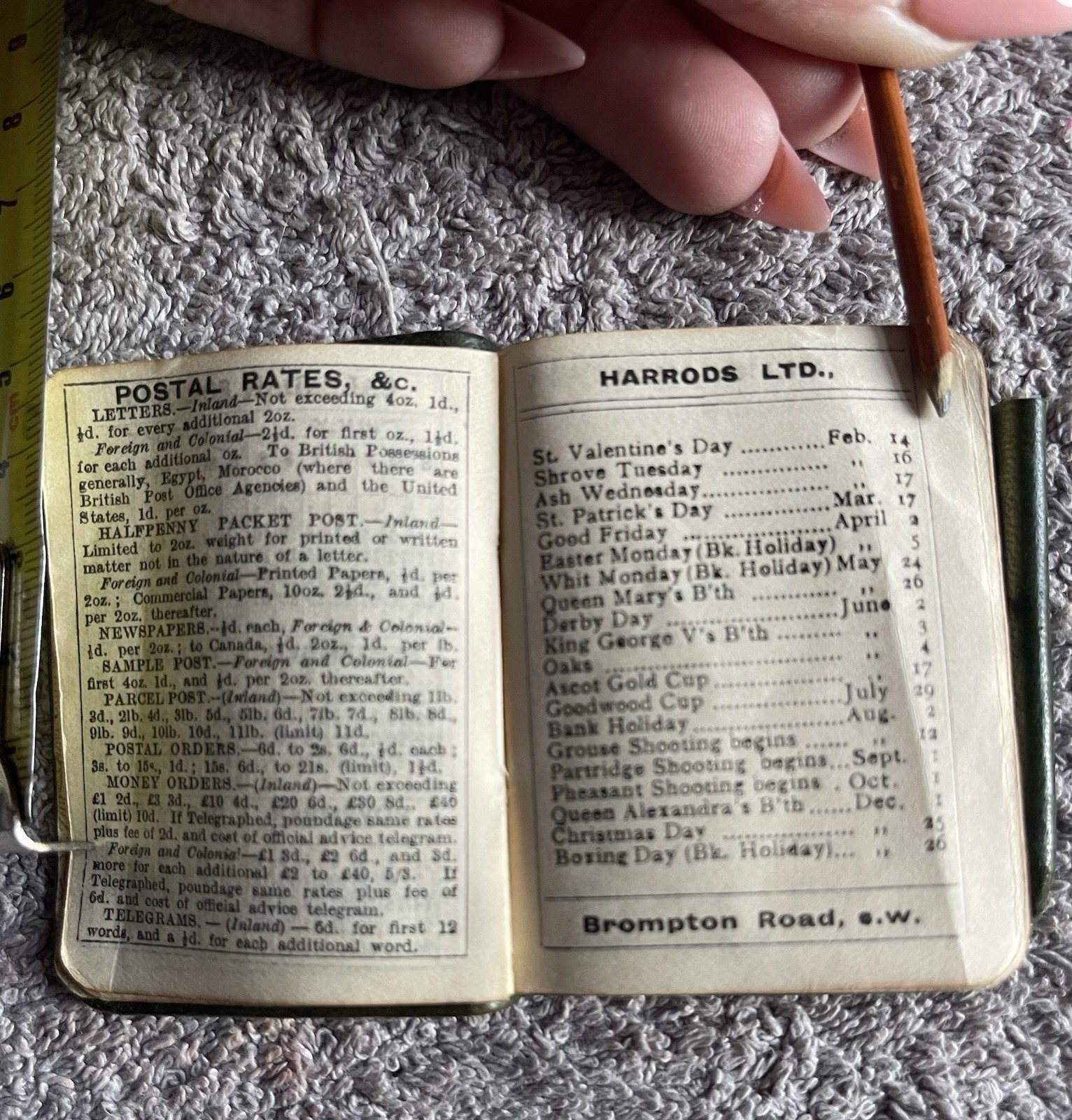 Harrods Leather Engagement Diary 1915 & Pencil 7cm WW1 Edwardian RARE Green