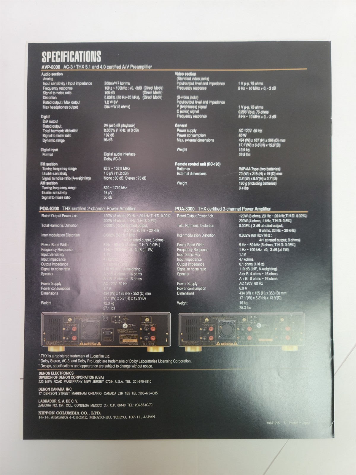 1990’s Denon Lucasfilm THX AVP-8000 / POA-8300 / POA-8200 Brochure & Specs