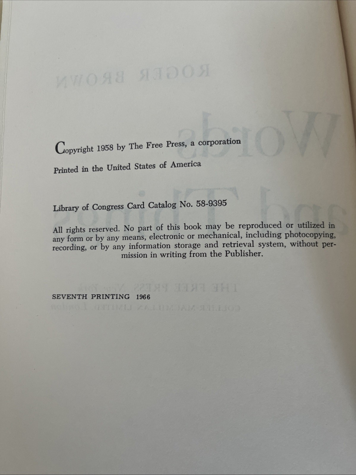 Words and Things Roger Brown Free Press HC + DJ SEVENTH PRINTING 1966