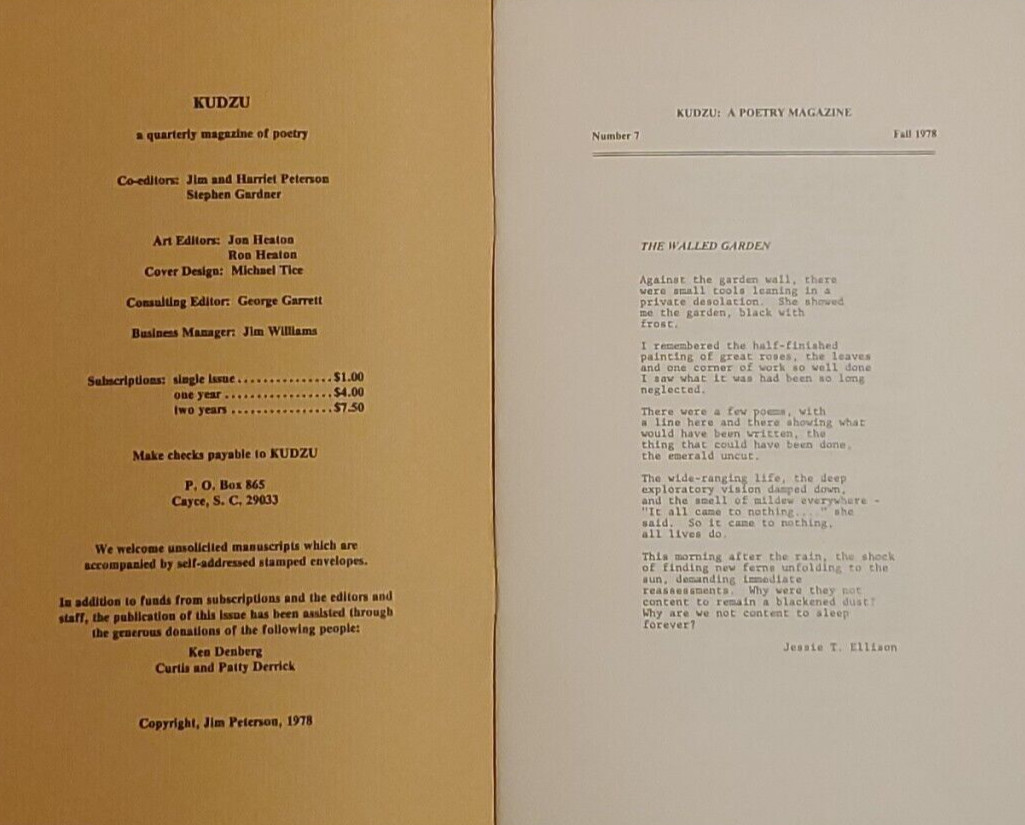 1977 & 1978 Kudzu Poetry Magazines, Cayce, South Carolina (2 Issues)
