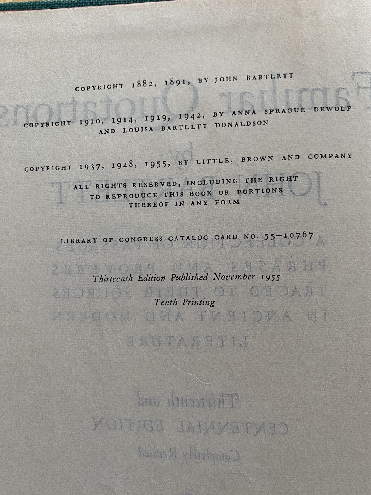 VINTAGE 1955 FAMILIAR QUOTATIONS Centennial Edition John Bartlett 1600+ Pages